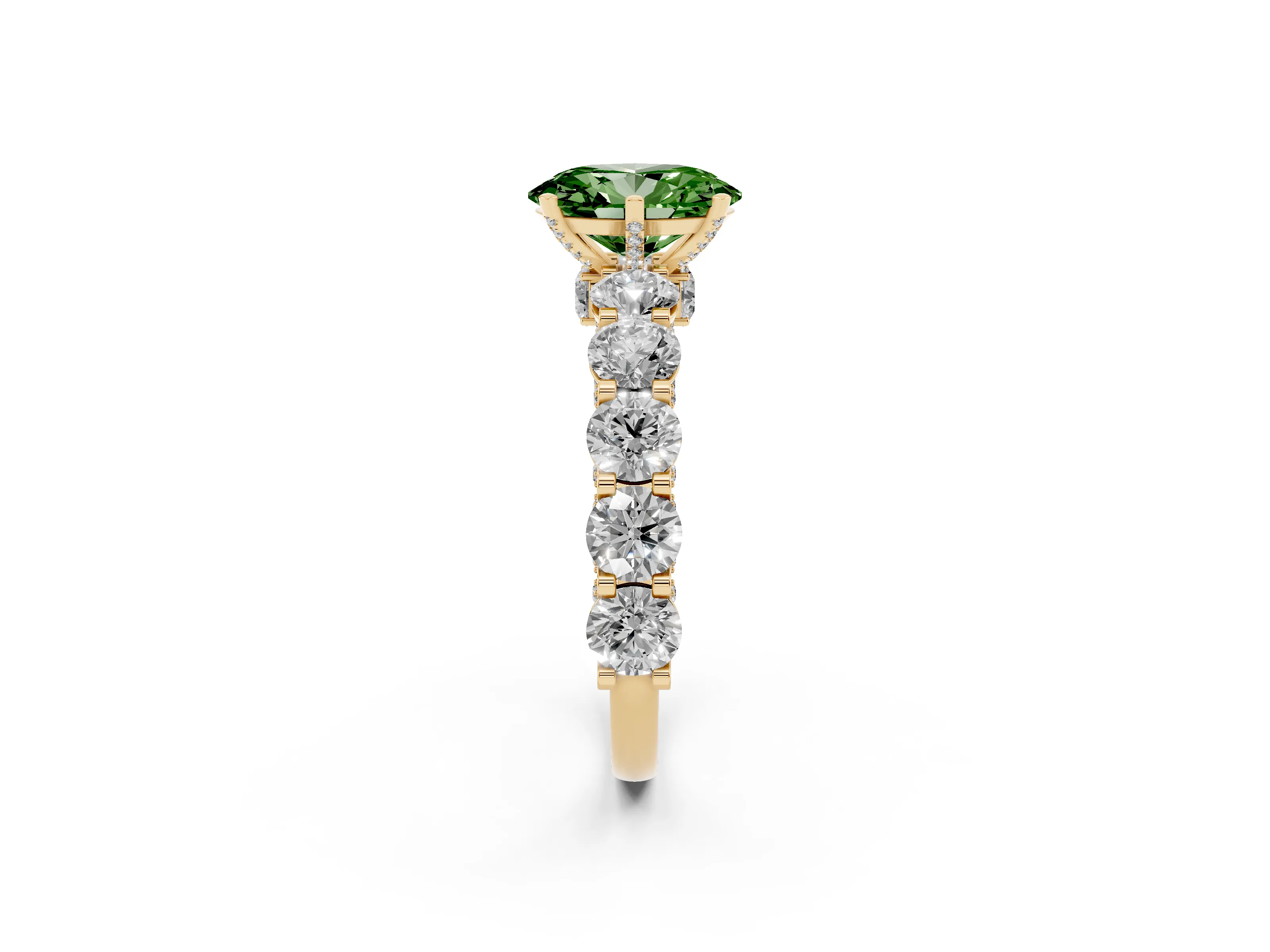 Fancy Green Oval Cut Diamond Side Stone Ring Set in Yellow gold with Alternating Round and Oval Side Stones