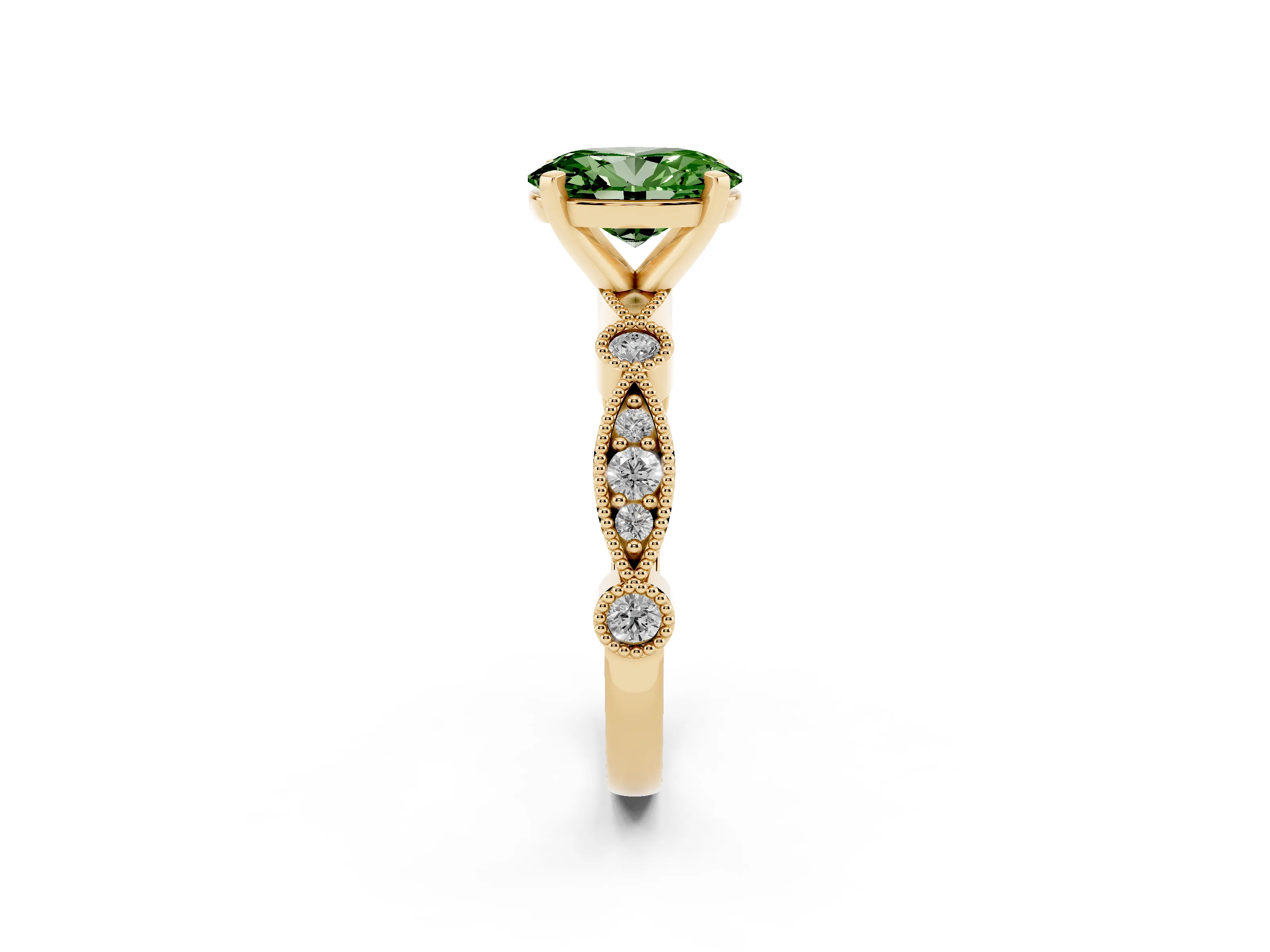 Fancy Green Oval Cut Diamond Solitaire Engagement Ring Set in Yellow gold with Milgrain Bezel Accent Band
