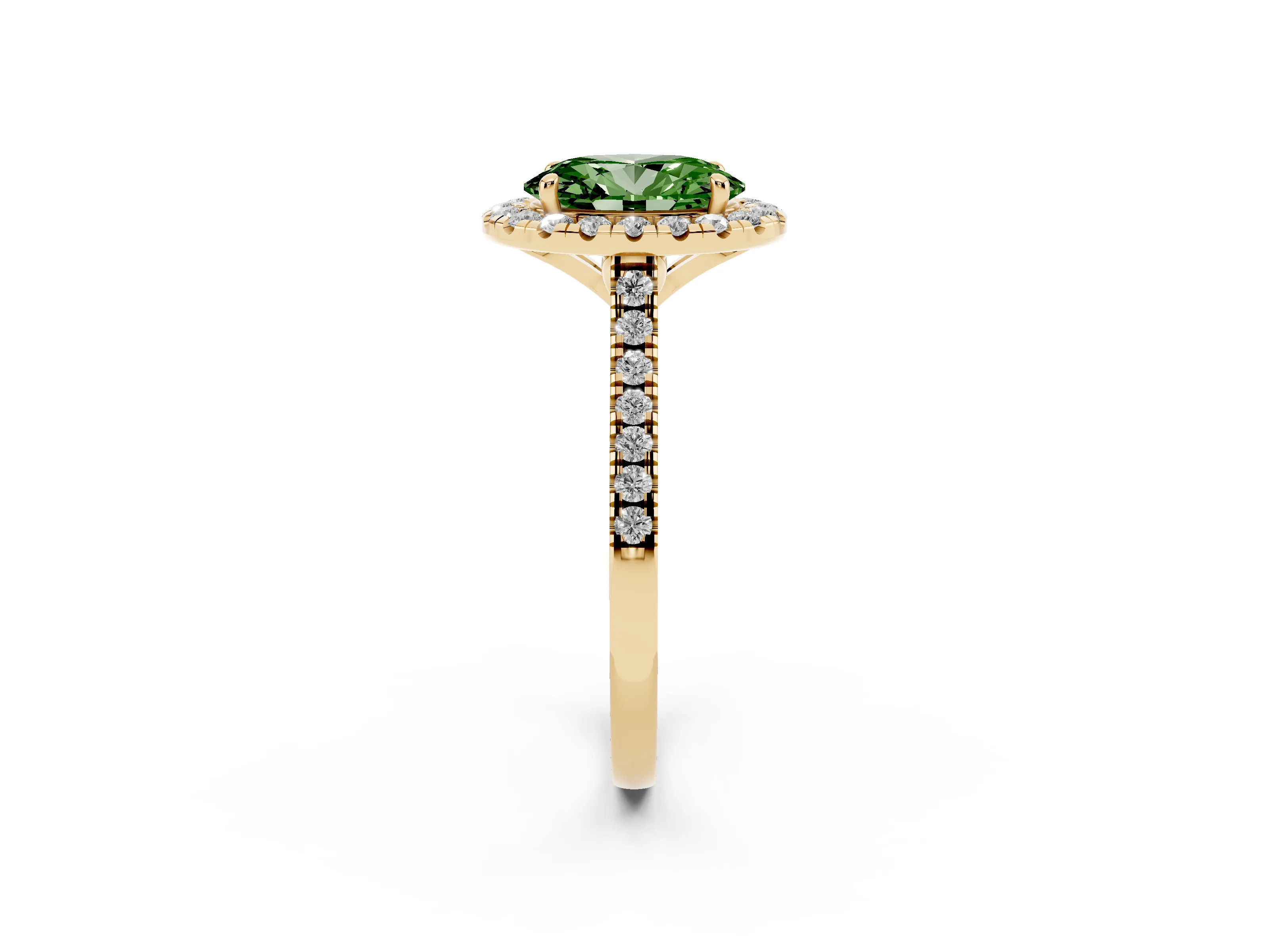 Fancy Green Oval Cut Diamond Cushion Halo Ring Set in Yellow gold with Pavé Band