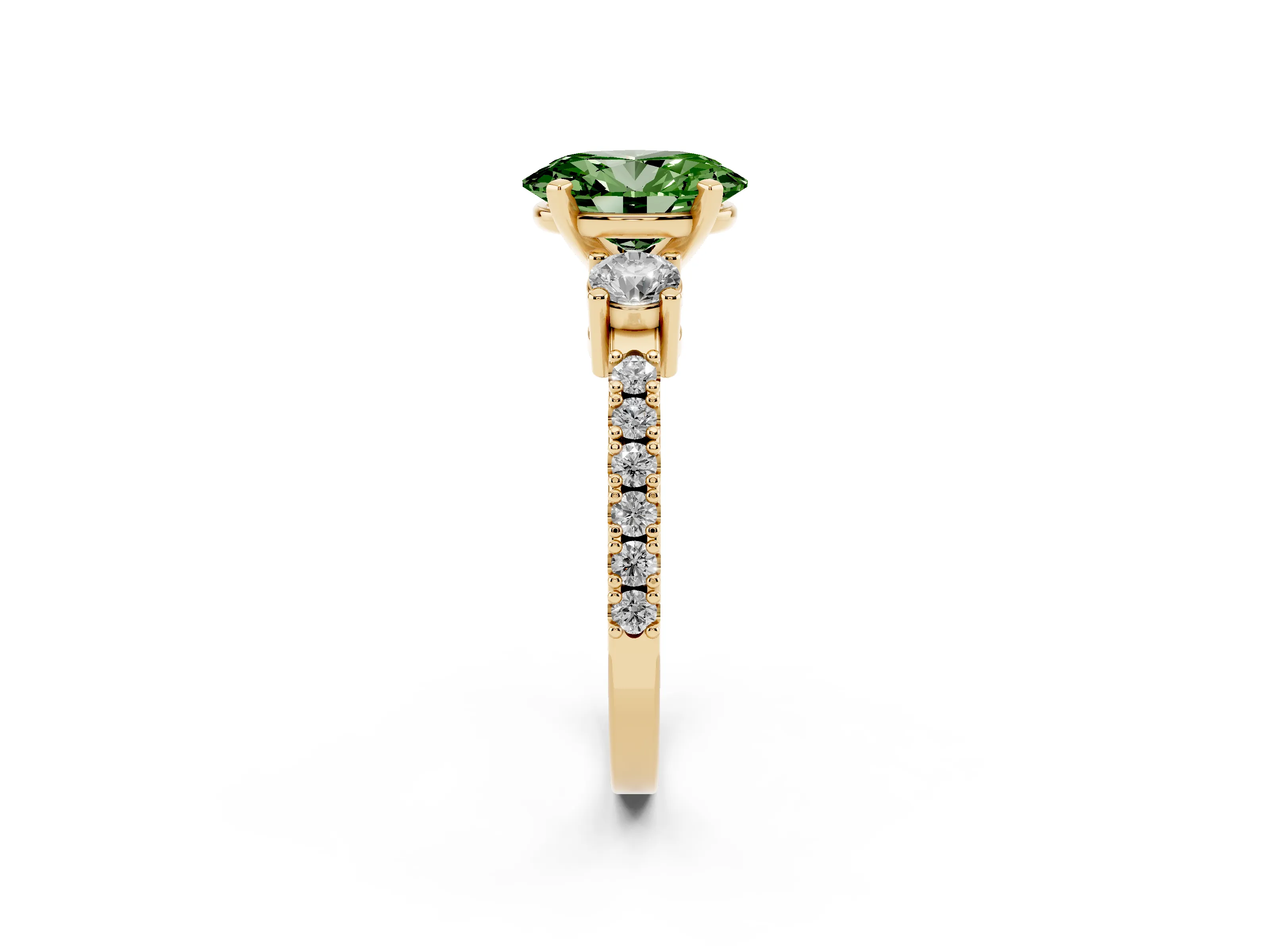 Fancy Green Three-Stone Oval Cut Diamond Pavé Band Ring Set in Yellow gold with Prong Setting