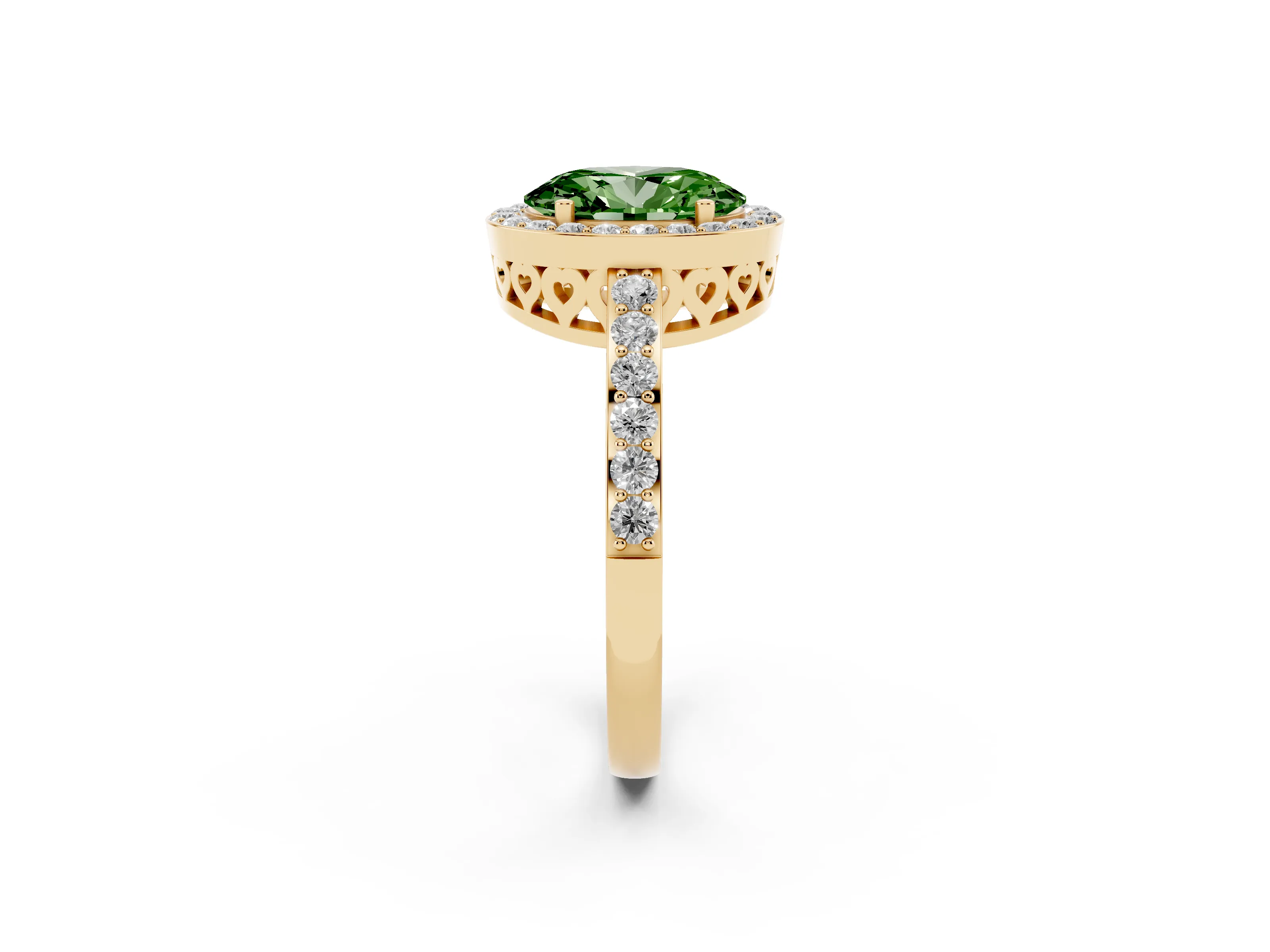 Fancy Green Oval Cut Diamond Halo Ring Set in Yellow gold with Pavé-Setting Band and Open Prong Center