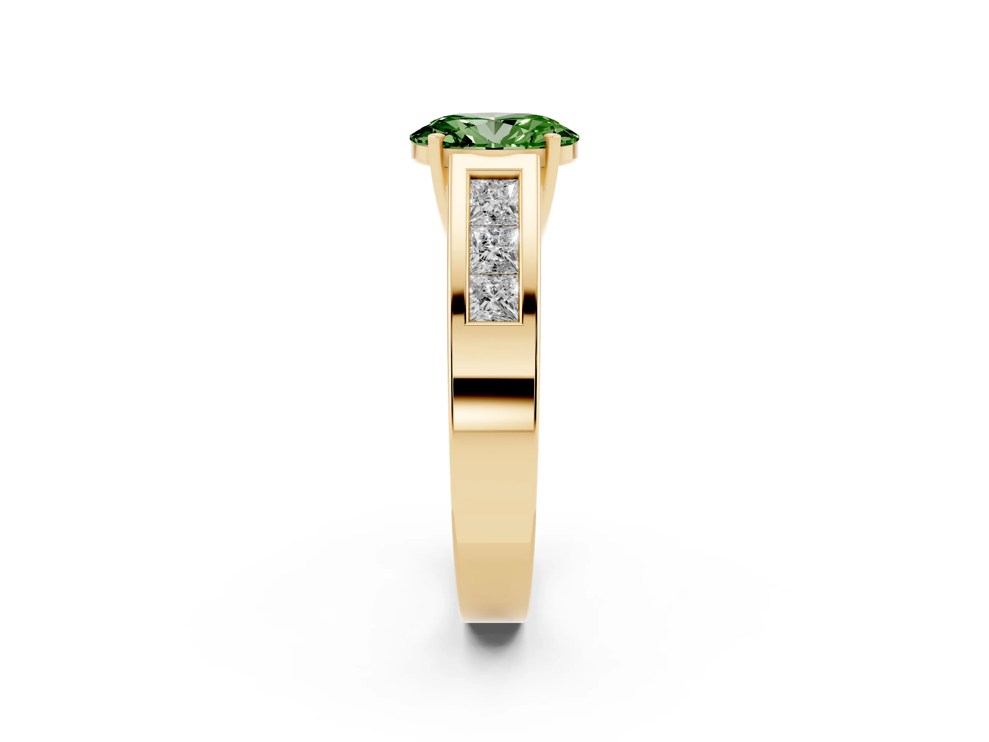 Fancy Green Oval Cut Diamond Solitaire Ring Set in Yellow gold with Channel-Set Accent Stones and Prong Setting