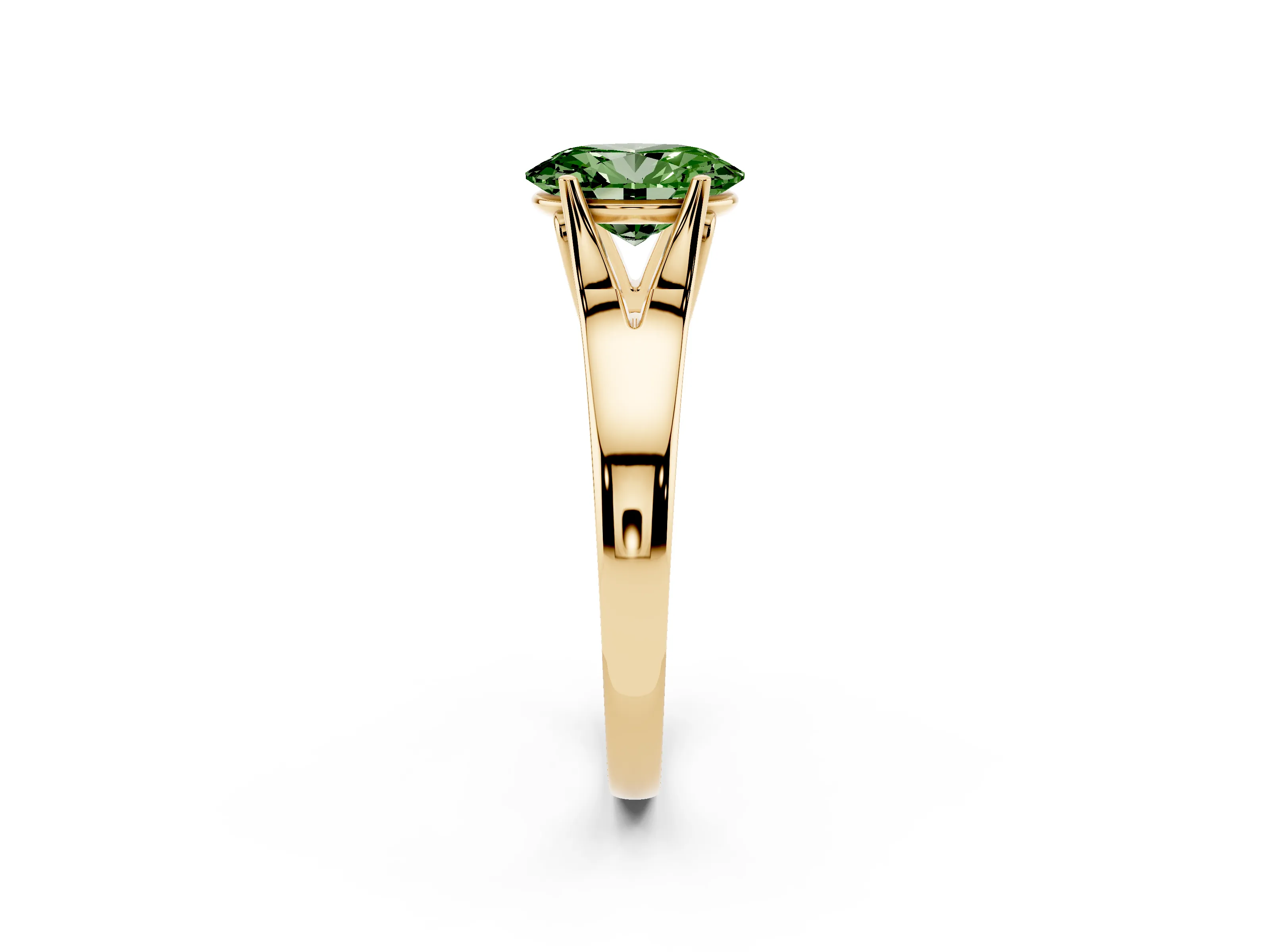 Fancy Green Oval Cut Diamond Solitaire Ring Set in Yellow gold with Arched Cathedral Band and Prong Setting