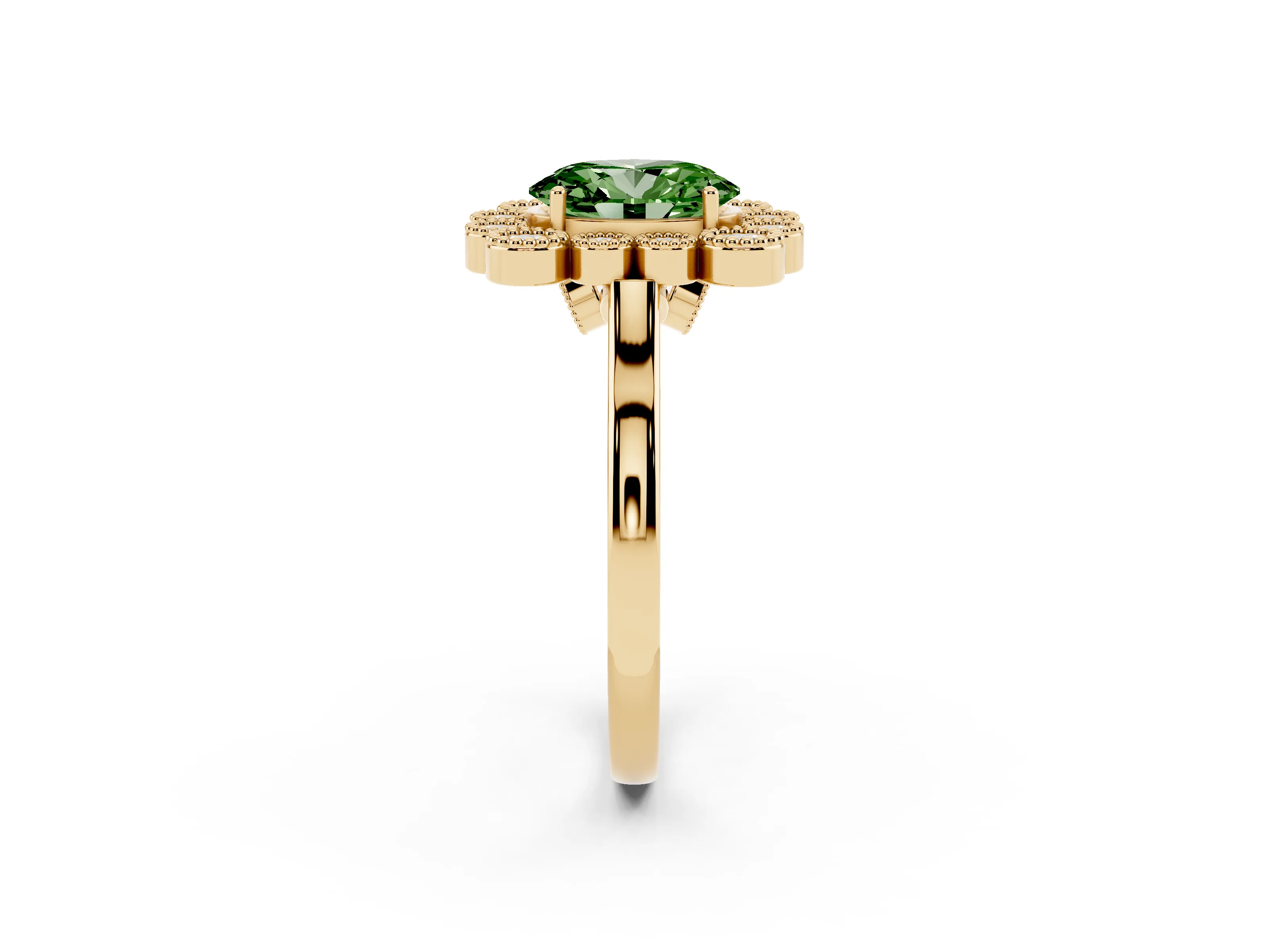 Fancy Green Oval Cut Diamond Cluster Halo Ring Set in Yellow gold with Milgrain Bezel Accents and Plain Band