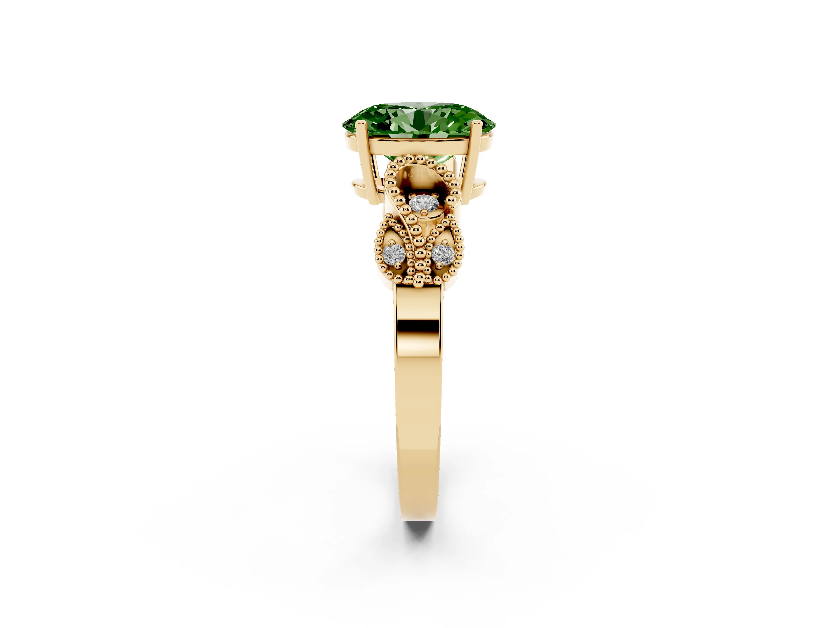 Fancy Green Oval Cut Diamond Milgrain Leaf Band Solitaire Ring Set in Yellow gold with Accent Stones and Prong Setting