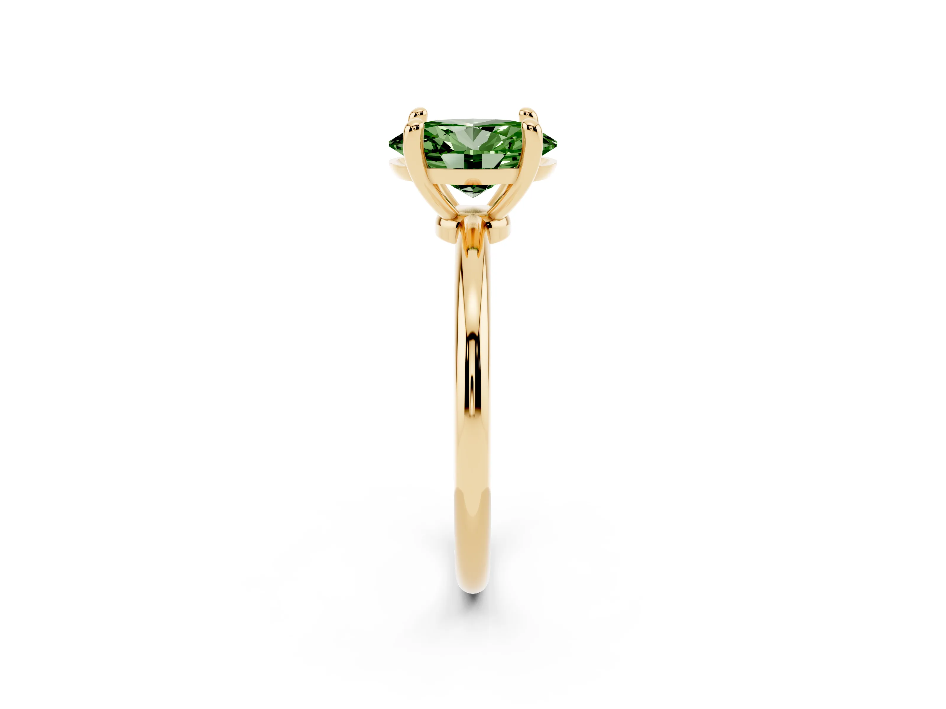 Fancy Green Oval Cut Diamond Solitaire Ring Set in Yellow gold with Secure Prong Setting on a Classic Band