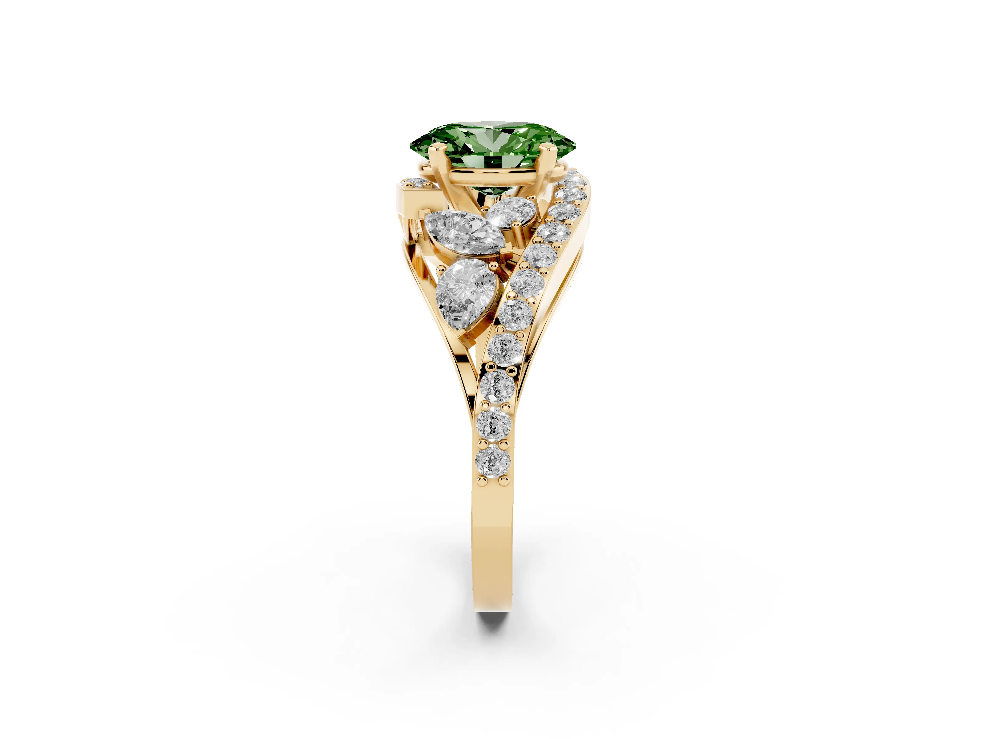 Fancy Green Oval Cut Diamond Halo Ring Set in Yellow gold with Marquise and Pavé Band in Prong Setting