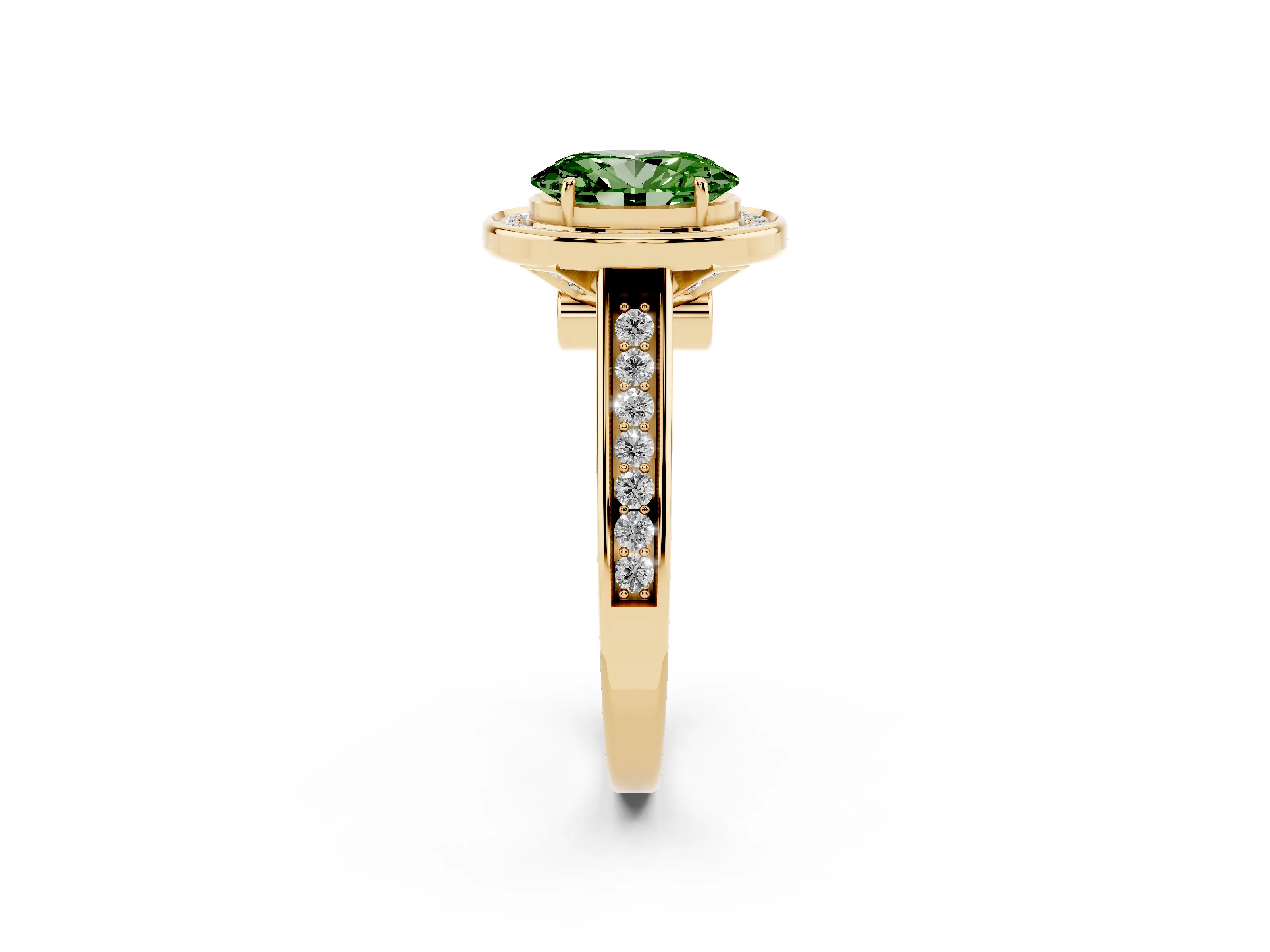 Fancy Green Oval Cut Diamond Halo Solitaire Ring Set in Yellow gold with Pavé Band and Bezel Setting