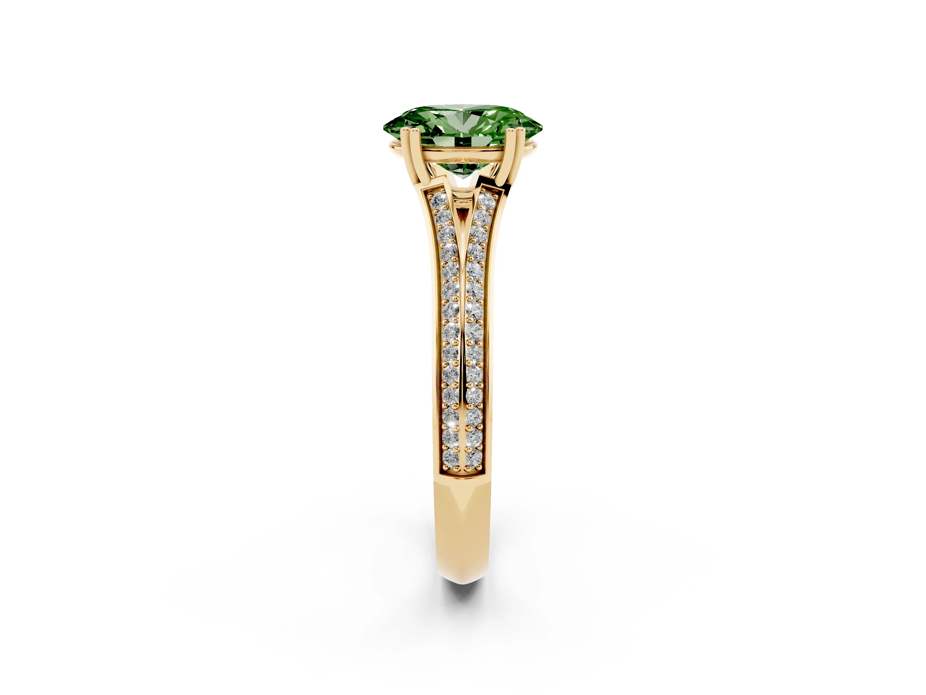 Fancy Green Oval Cut Diamond Split Shank Pavé Engagement Ring Set in Yellow gold with Prong-Set Center Stone