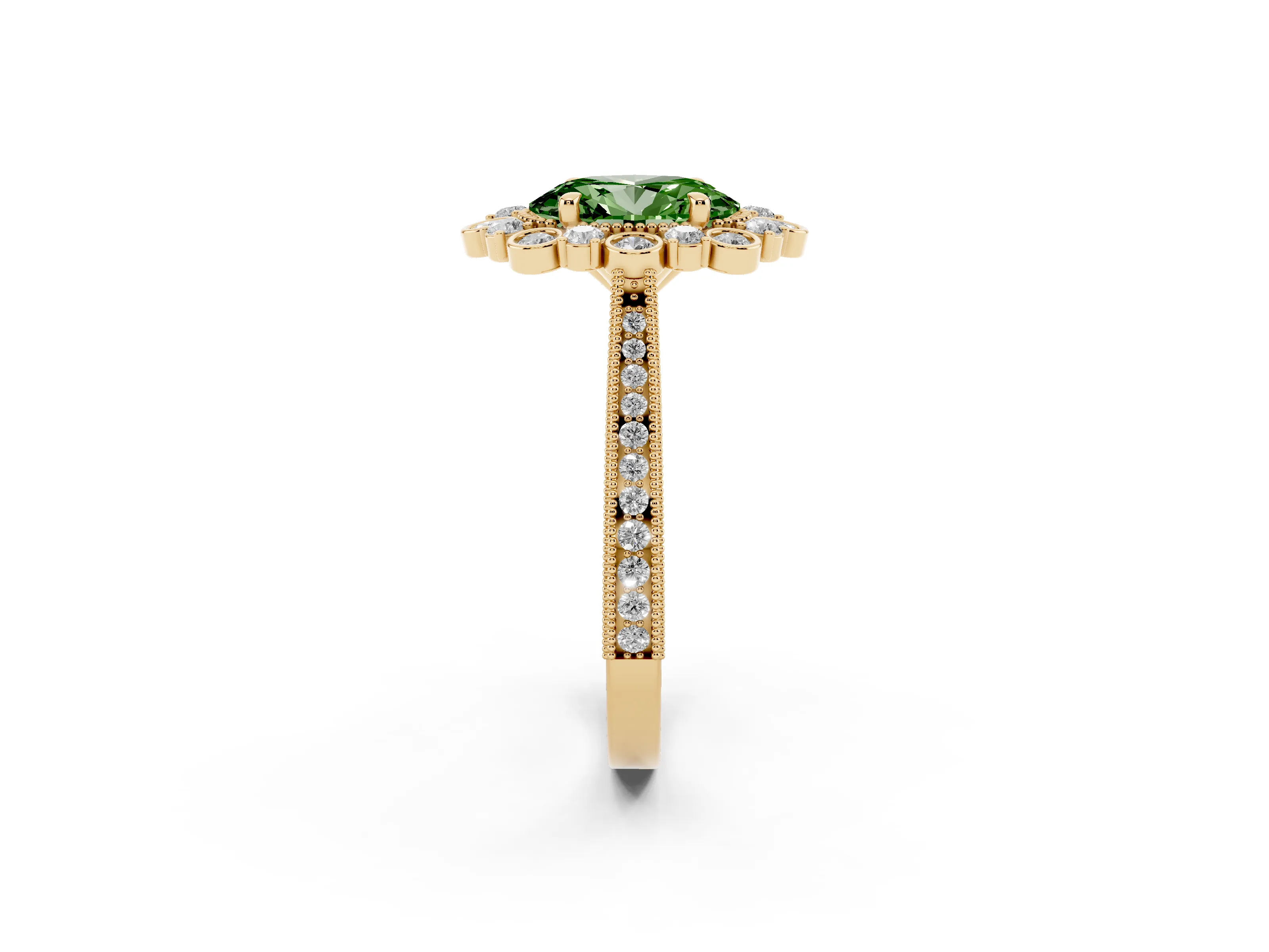 Fancy Green Oval Cut Diamond Halo Milgrain Pavé Ring Set in Yellow gold with Prong Setting