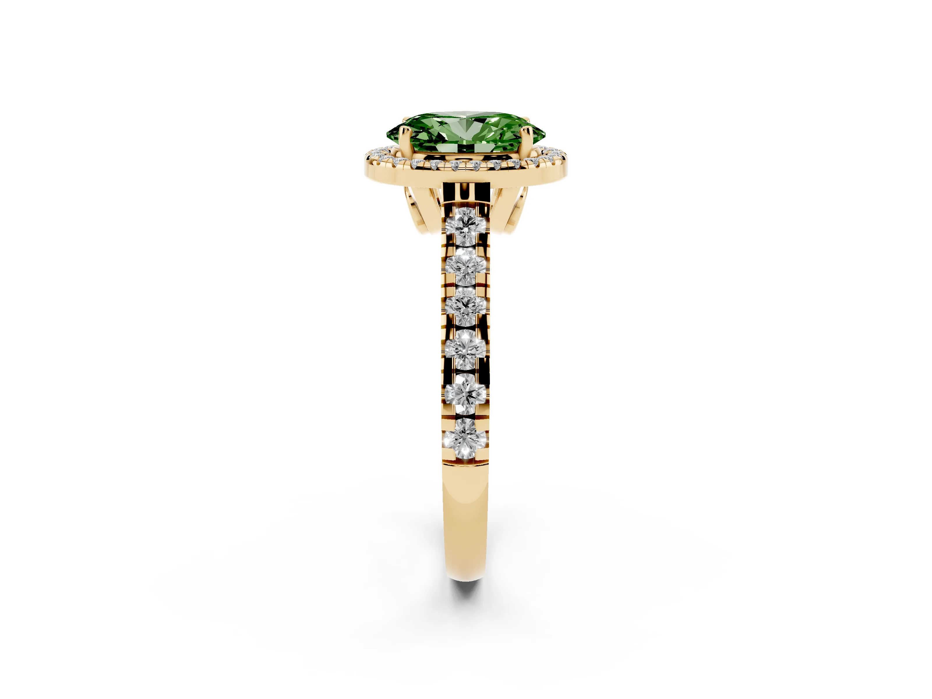 Fancy Green Oval Cut Diamond Halo Engagement Ring Set in Yellow gold with Pavé Band and Prong-Set Center
