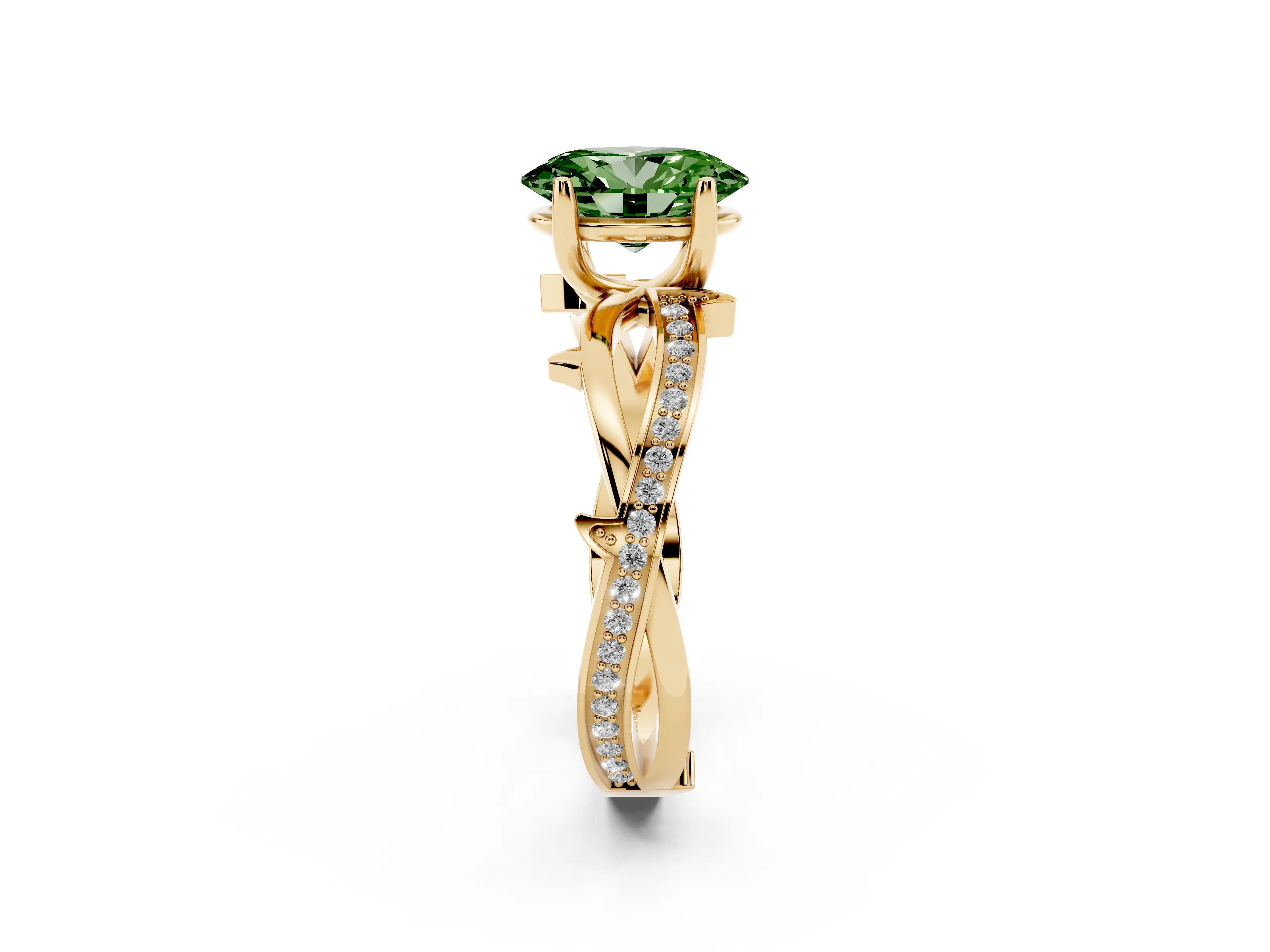Fancy Green Oval Cut Diamond Pavé Twist Band Solitaire Ring Set in Yellow gold with Prong Setting