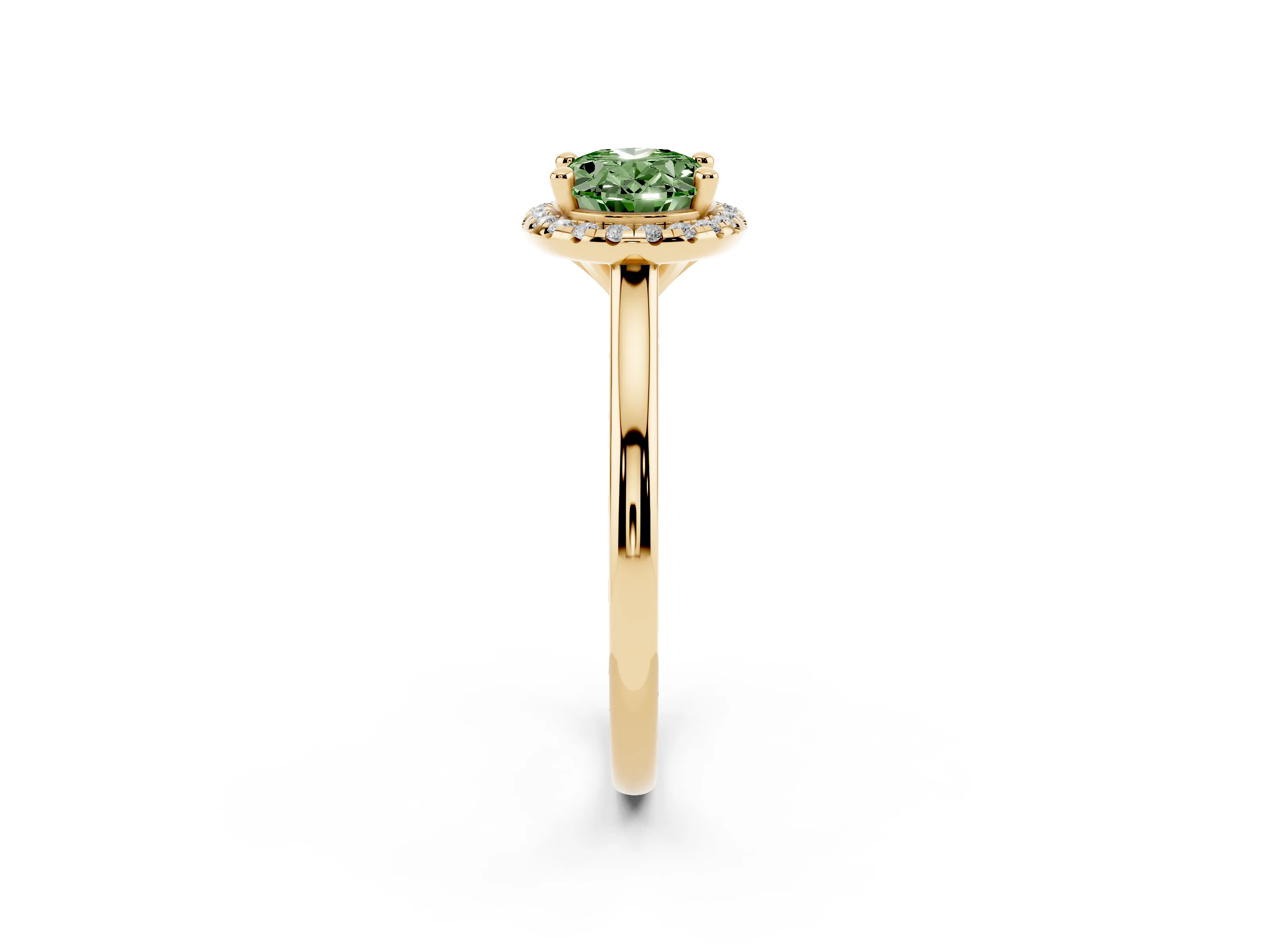 Fancy Green Oval Cut Diamond Halo Engagement Ring Set in Yellow gold with Pavé Band and Rising Shoulders