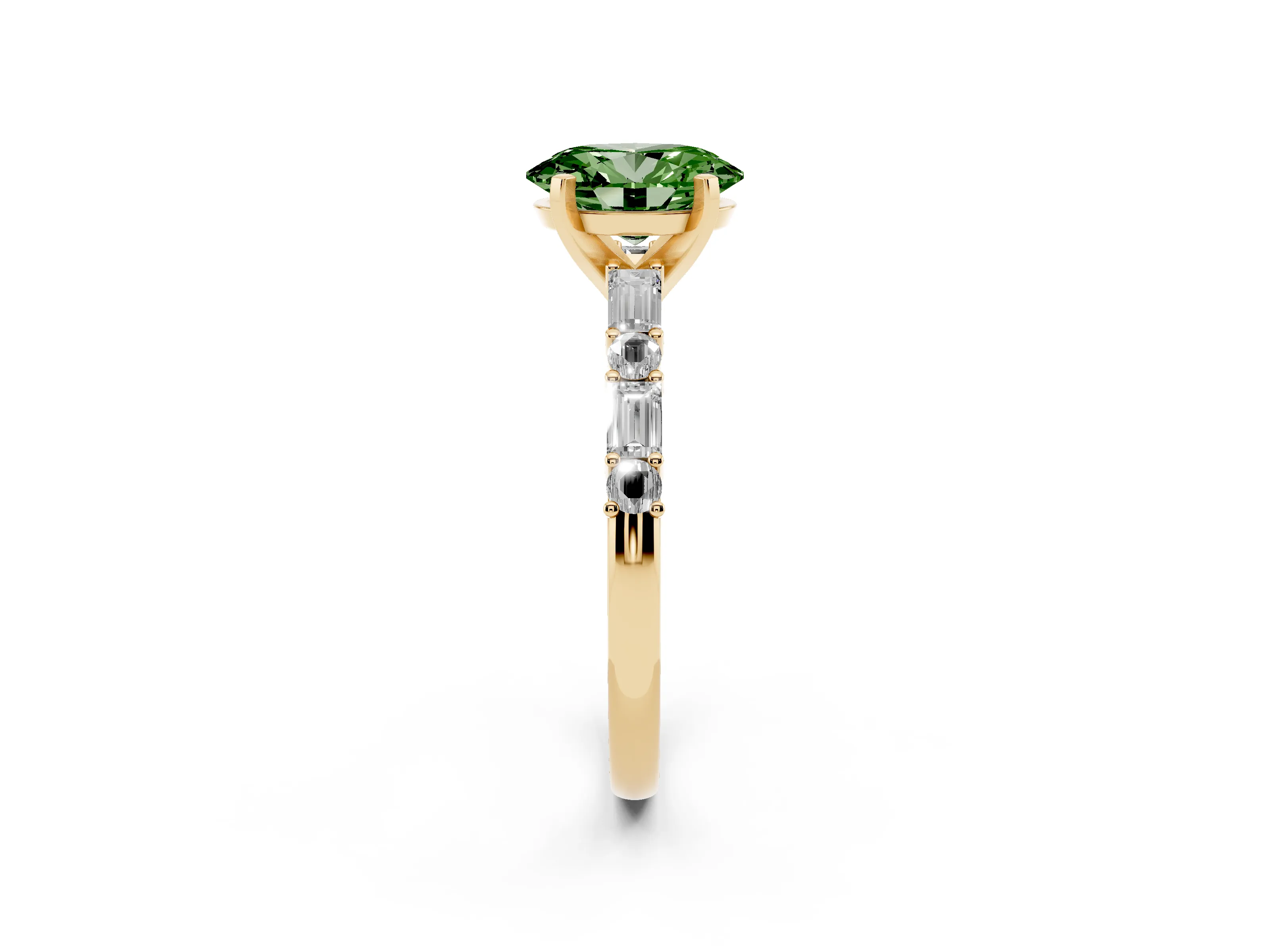 Fancy Green Oval Cut Diamond Solitaire Set in Yellow gold with Side Baguettes and Channel Set Band