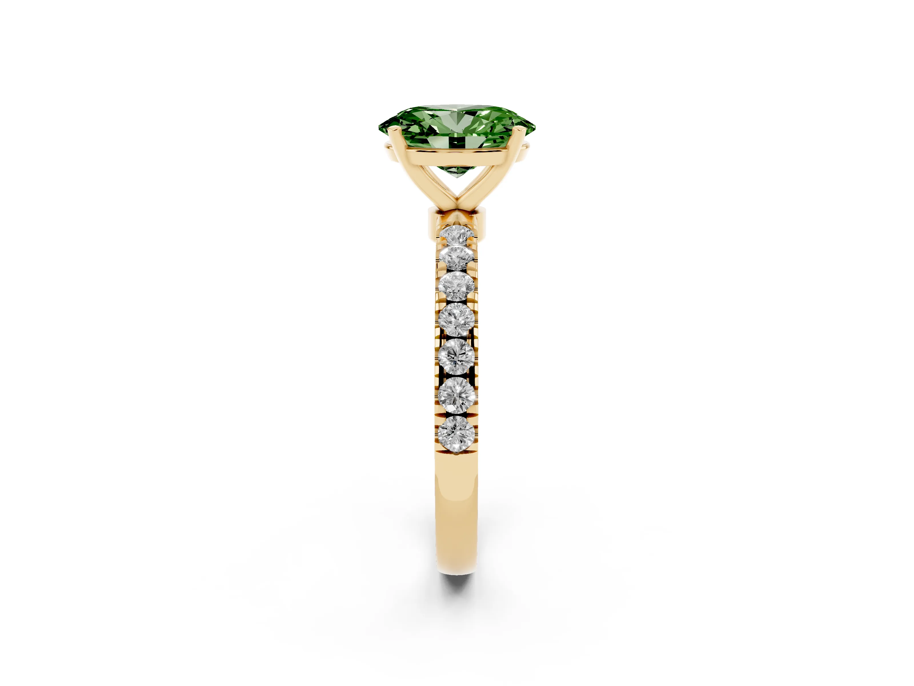 Fancy Green Oval Cut Diamond Solitaire Ring Set in Yellow gold with Pavé Accents and Prong Setting