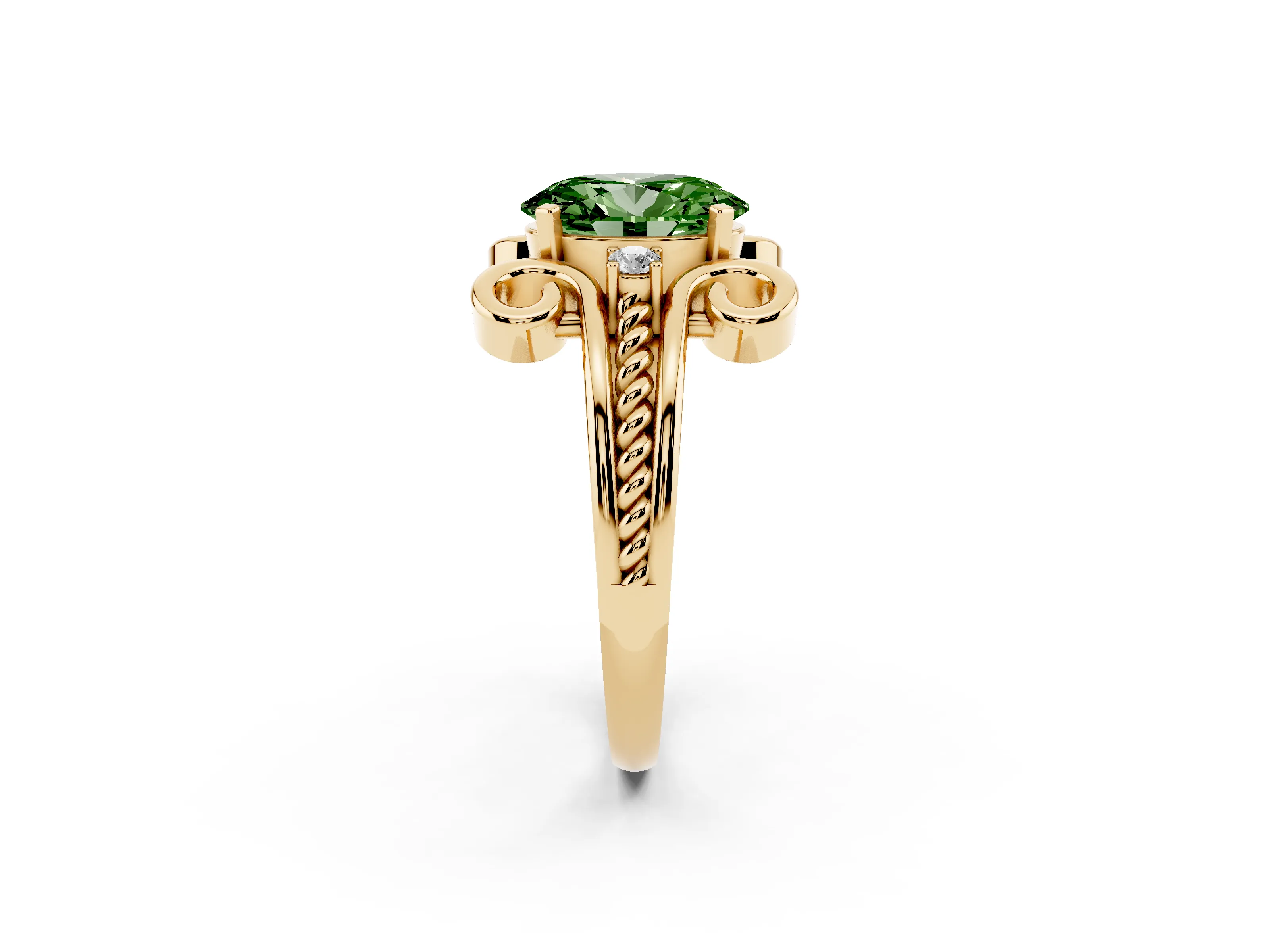 Fancy Green Oval Cut Diamond Twisted Band Solitaire Ring Set in Yellow gold with Scroll Prongs