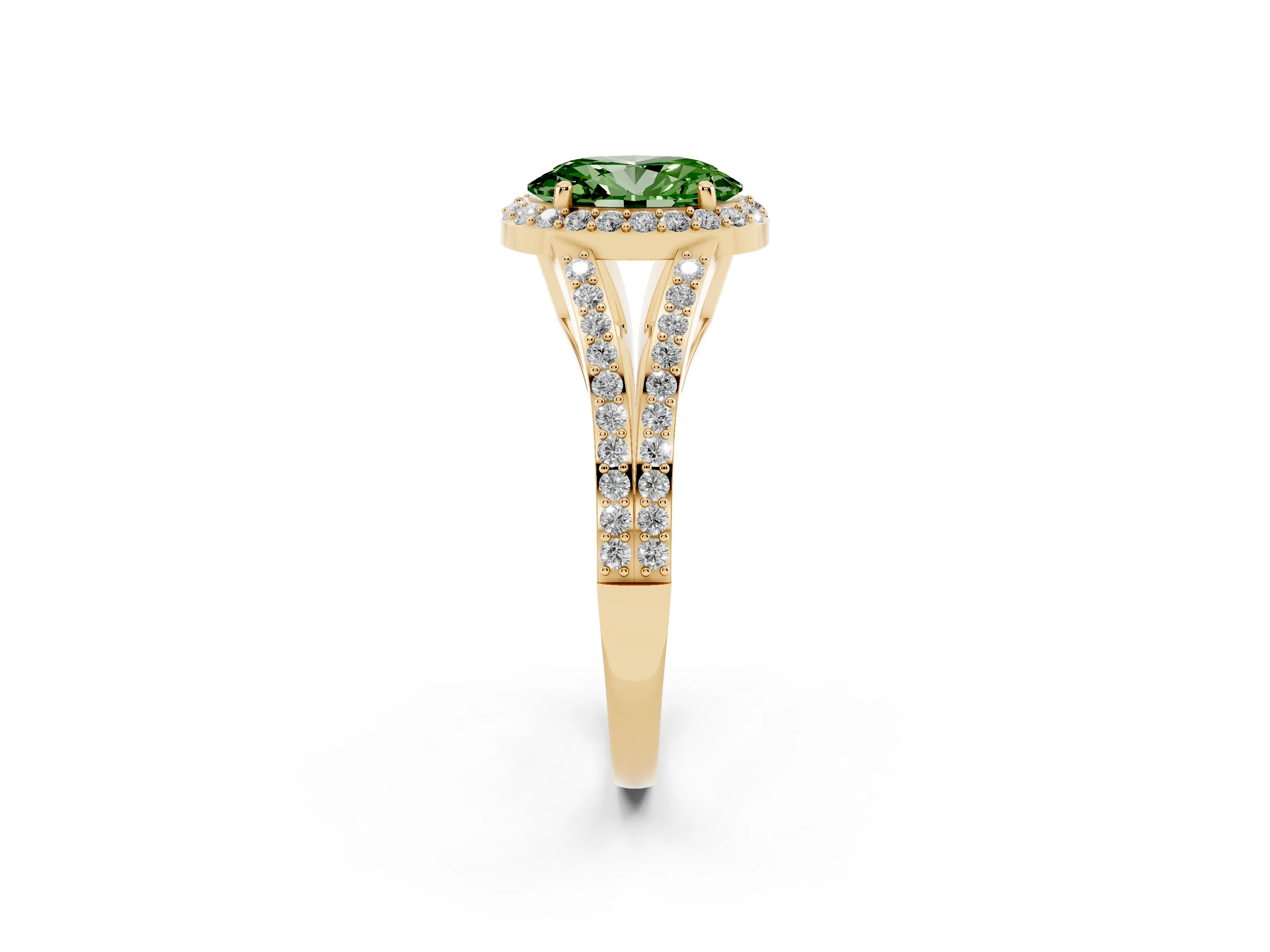 Fancy Green Oval Cut Diamond Halo Split Shank Ring Set in Yellow gold with Accent Stones and Prong Setting