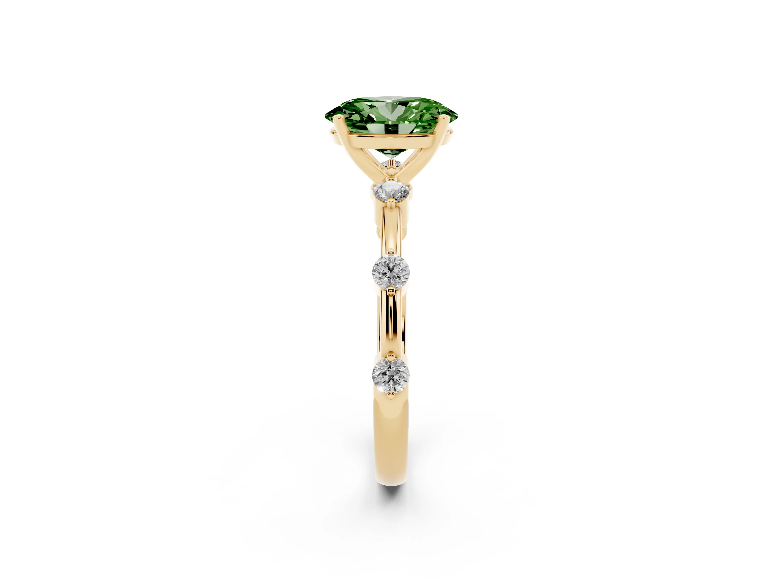 Fancy Green Oval Cut Diamond Solitaire Ring Set in Yellow gold with Bezel Set Side Stones and Prong Setting