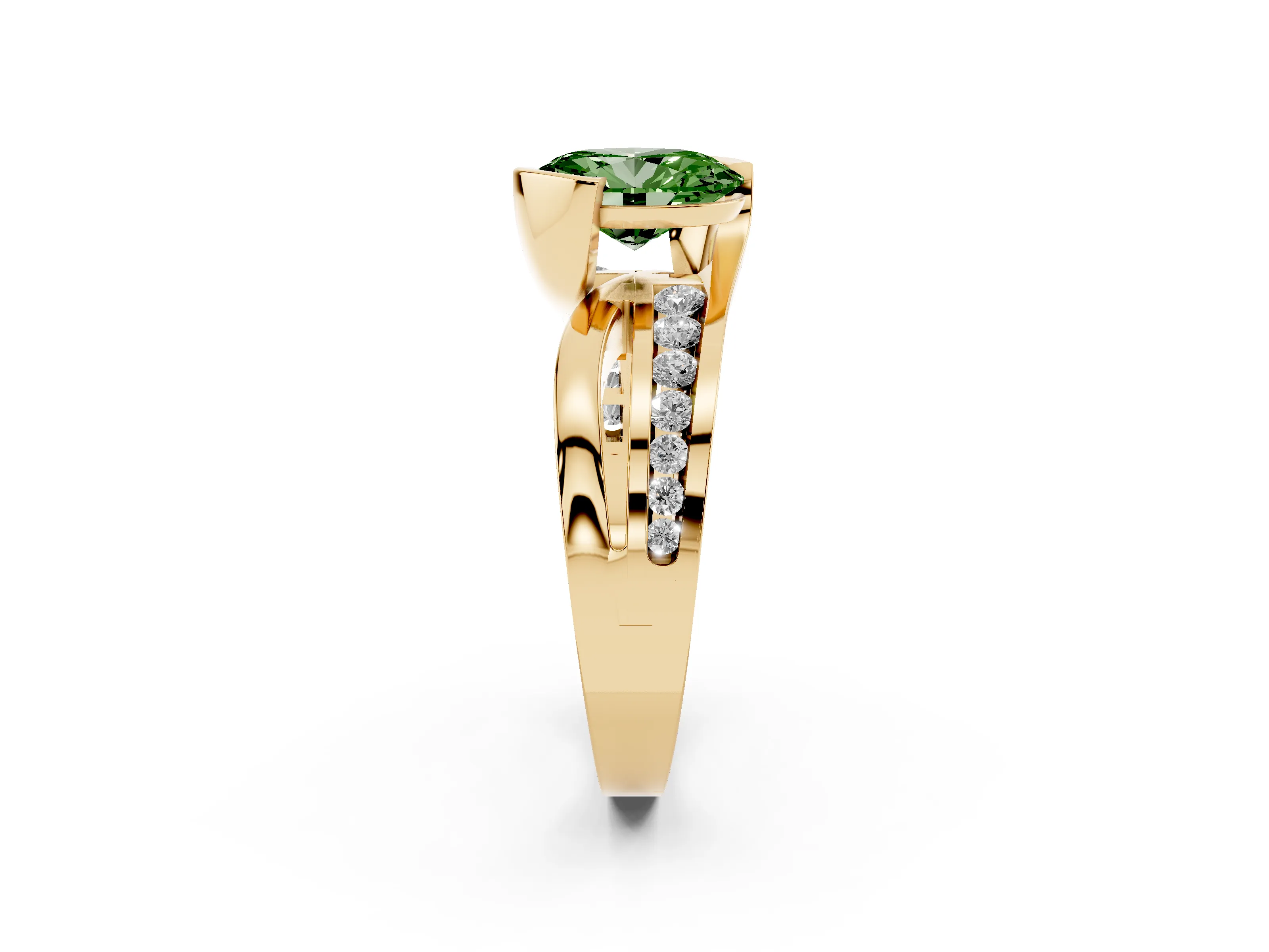 Fancy Green Oval Cut Diamond Solitaire Ring Set in Yellow gold with Channel Set Split Shank and Tension Prongs