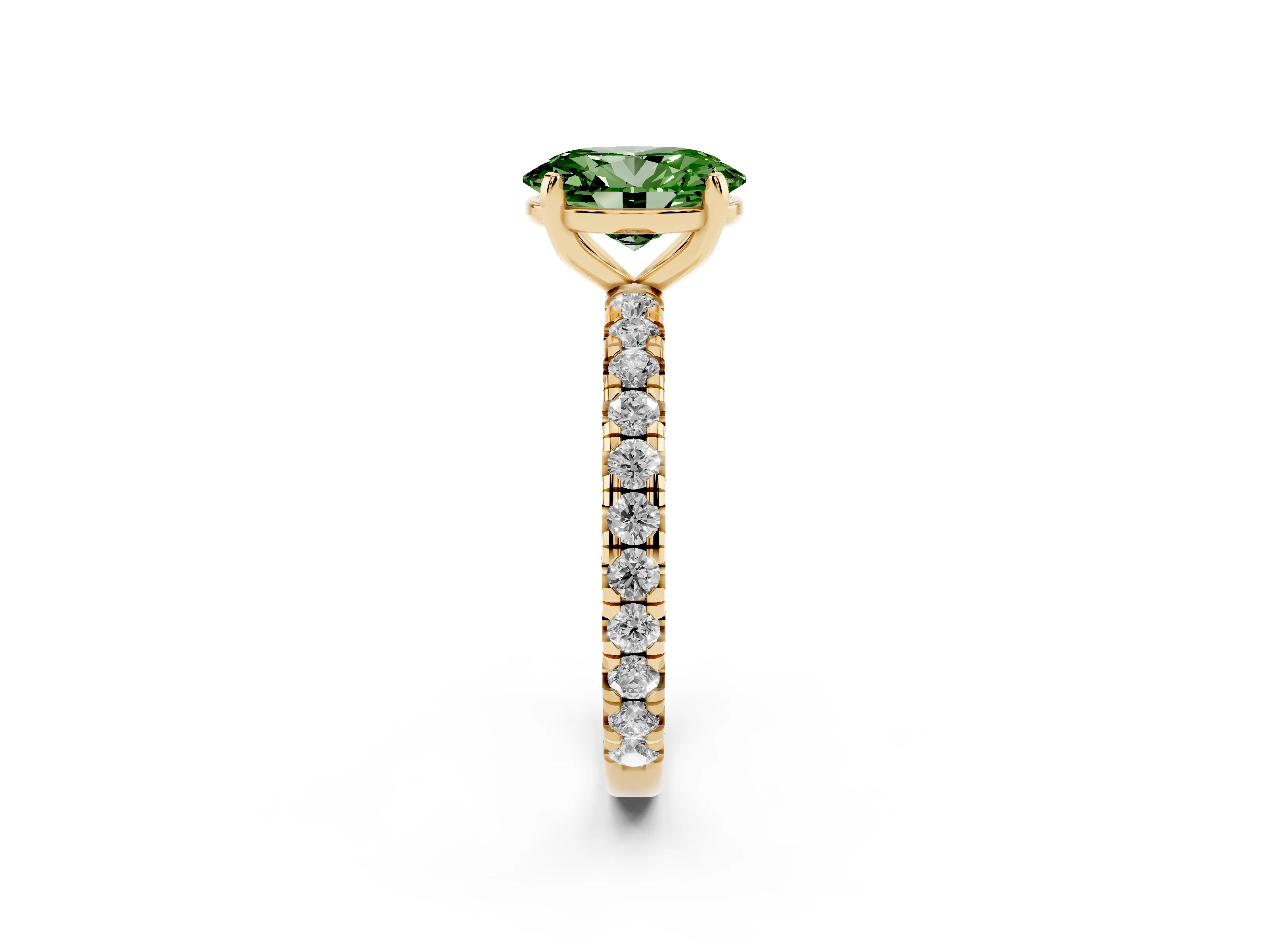 Fancy Green Oval Cut Diamond Pavé Solitaire Ring Set in Yellow gold with Round Band and Prong Setting