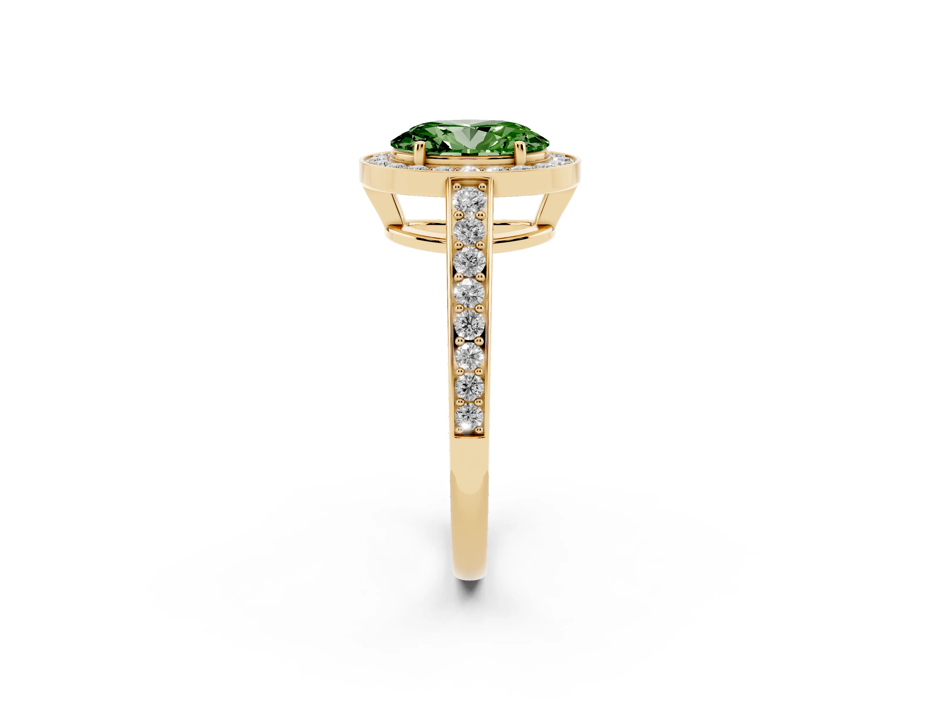 Fancy Green Oval Cut Diamond Halo Pavé Engagement Ring Set in Yellow gold with Bezel Setting