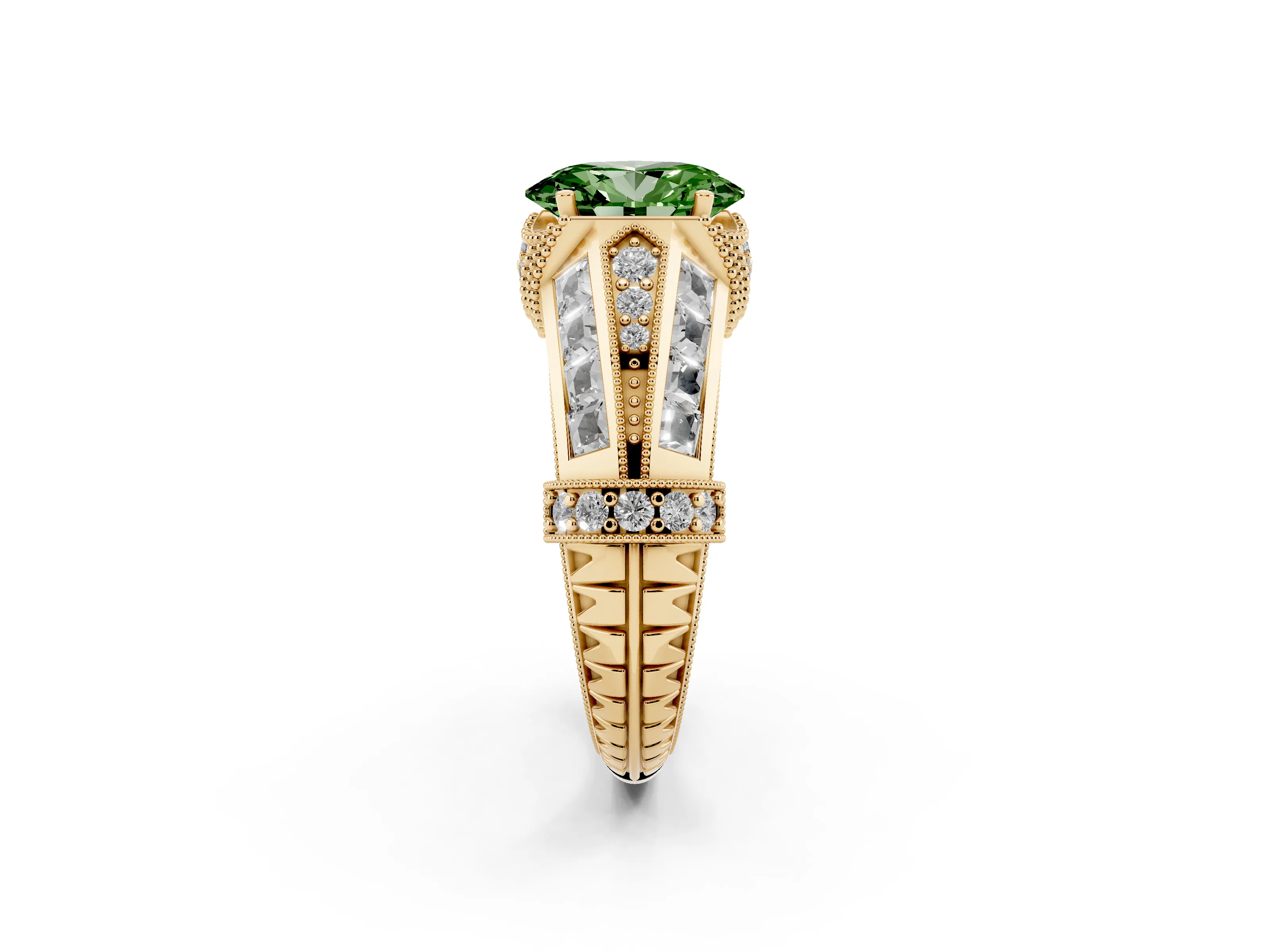 Fancy Green Oval Cut Diamond Vintage-Inspired Milgrain Ring Set in Yellow gold with Accent Split Shank
