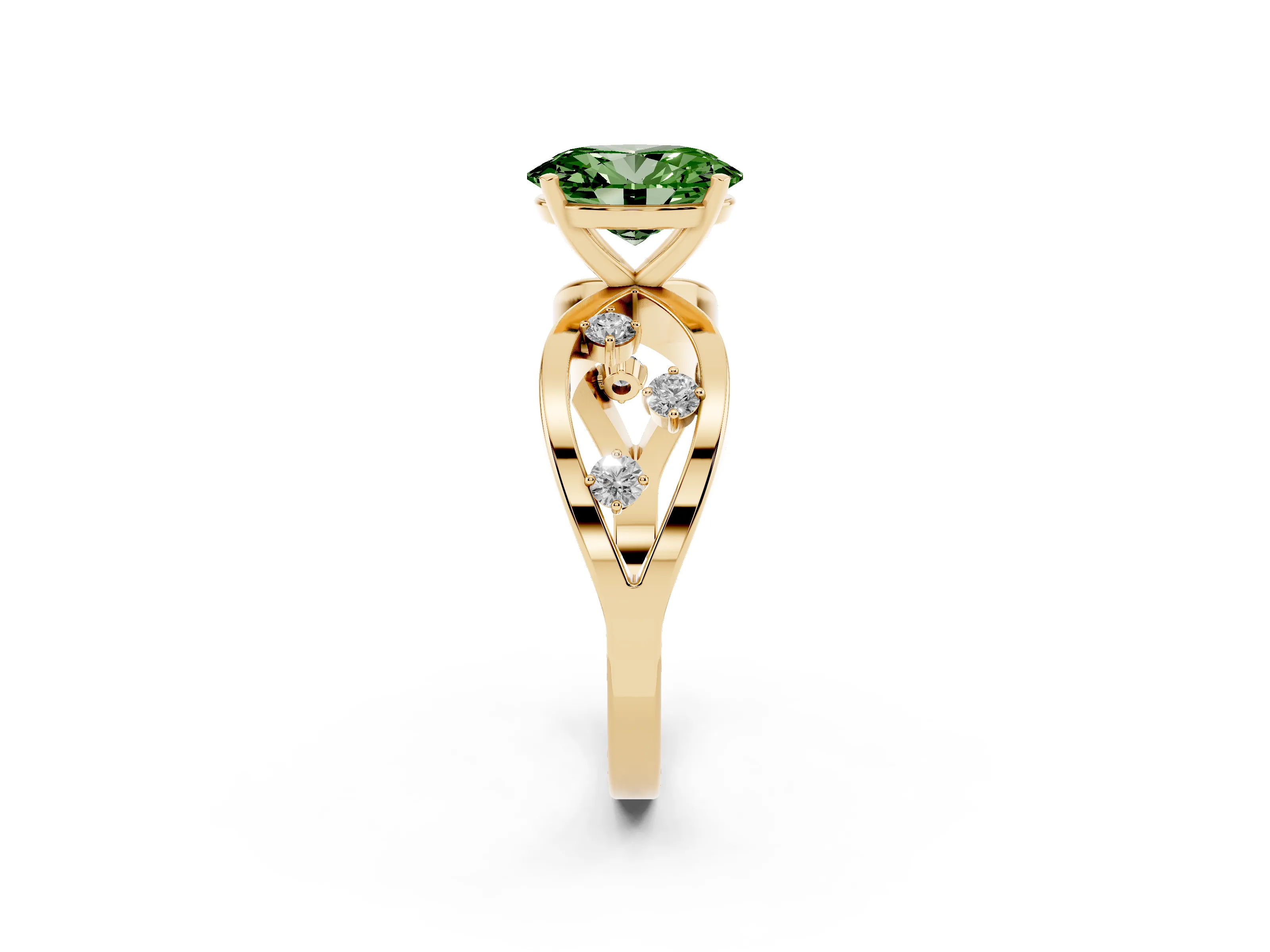 Fancy Green Oval Cut Diamond Solitaire Ring Set in Yellow gold with Side Stones on Criss-Cross Band and Prong Setting