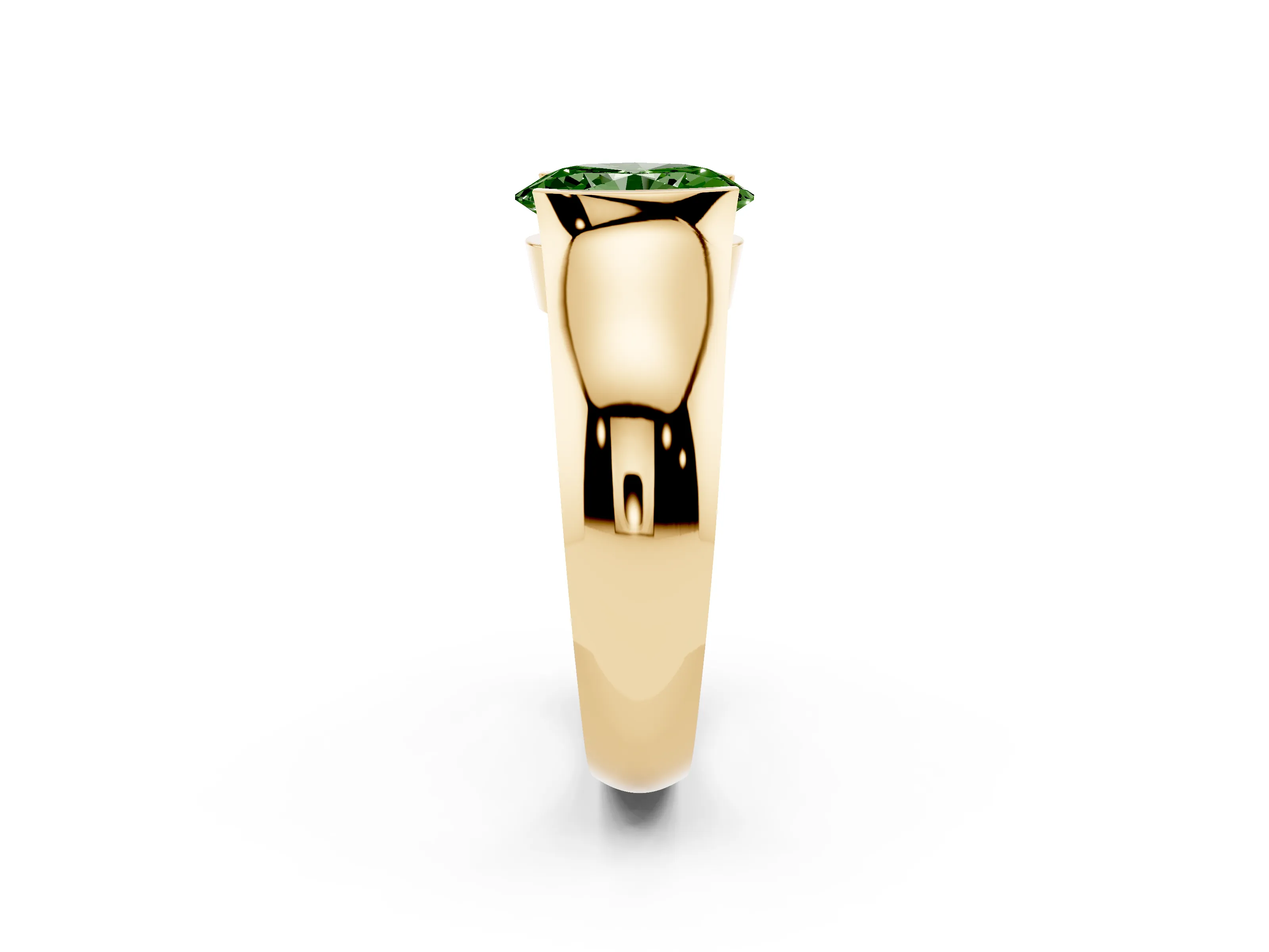 Fancy Green Oval Cut Diamond Bezel Solitaire Ring Set in Yellow gold with Wide Band