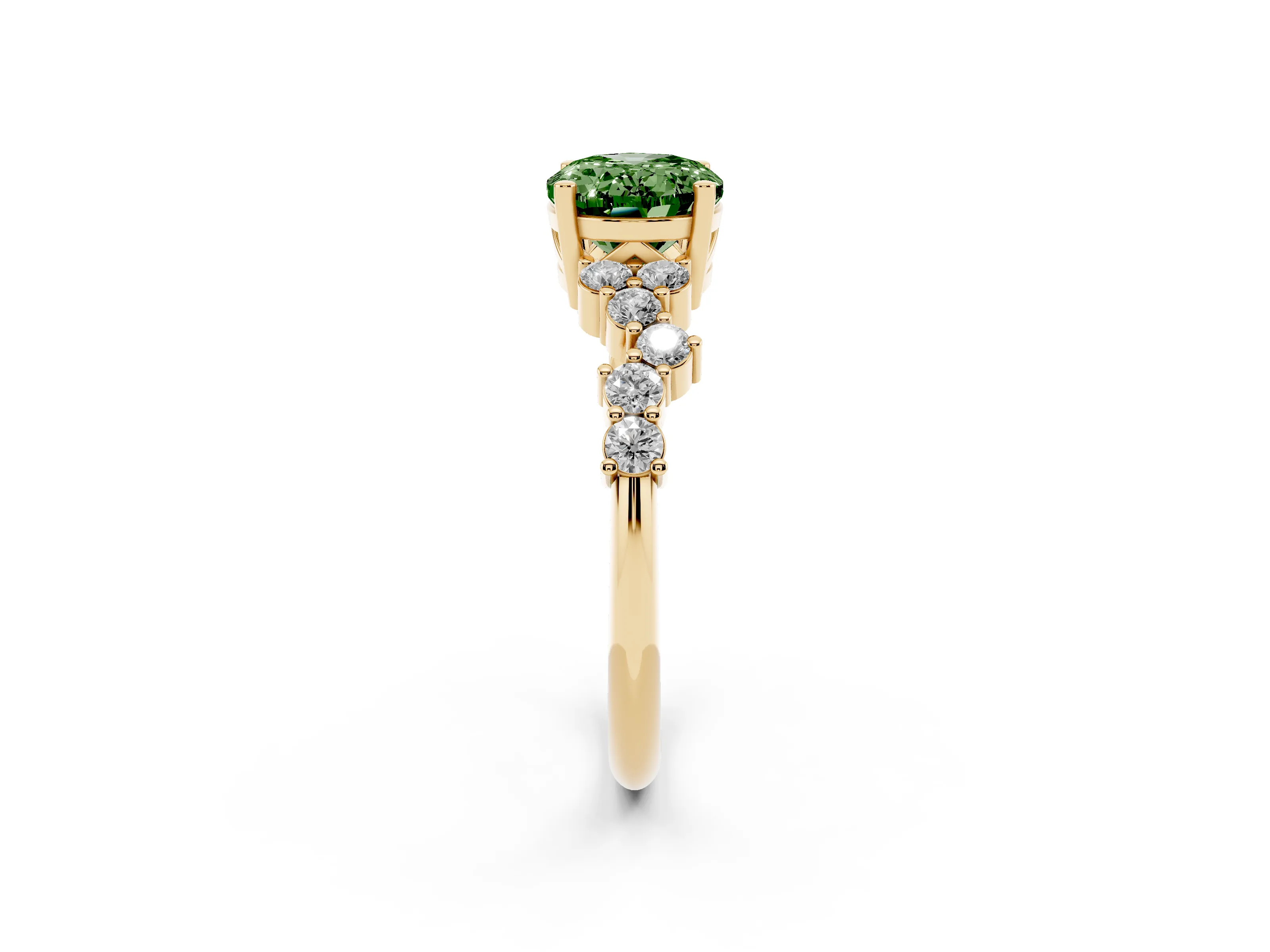 Fancy Green Oval Cut Diamond Ring Set in Yellow gold with Scattered Round Accents