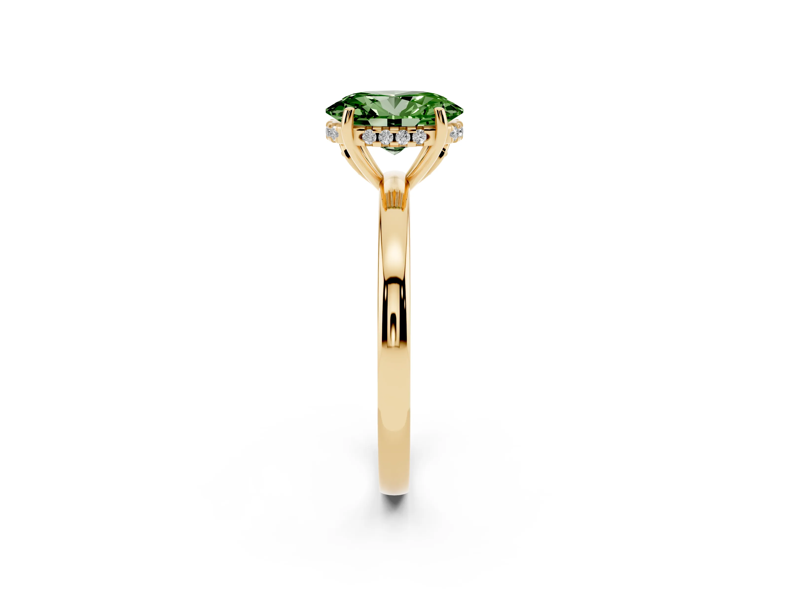 Fancy Green Oval Cut Diamond Solitaire Ring Set in Yellow gold with Plain Band and Prong Setting