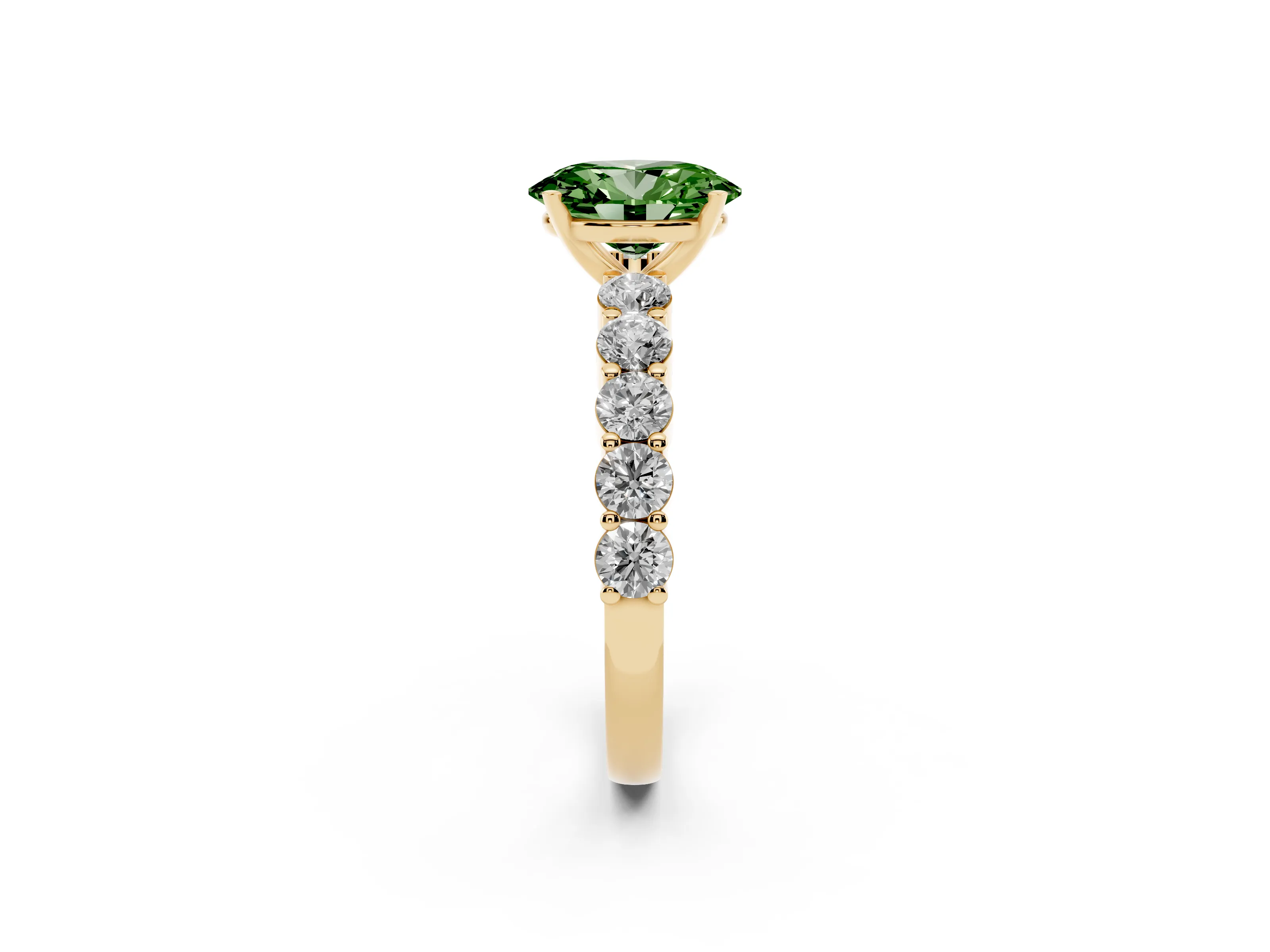 Fancy Green Oval Cut Diamond Solitaire Ring Set in Yellow gold with Shared Prong Round Side Stones