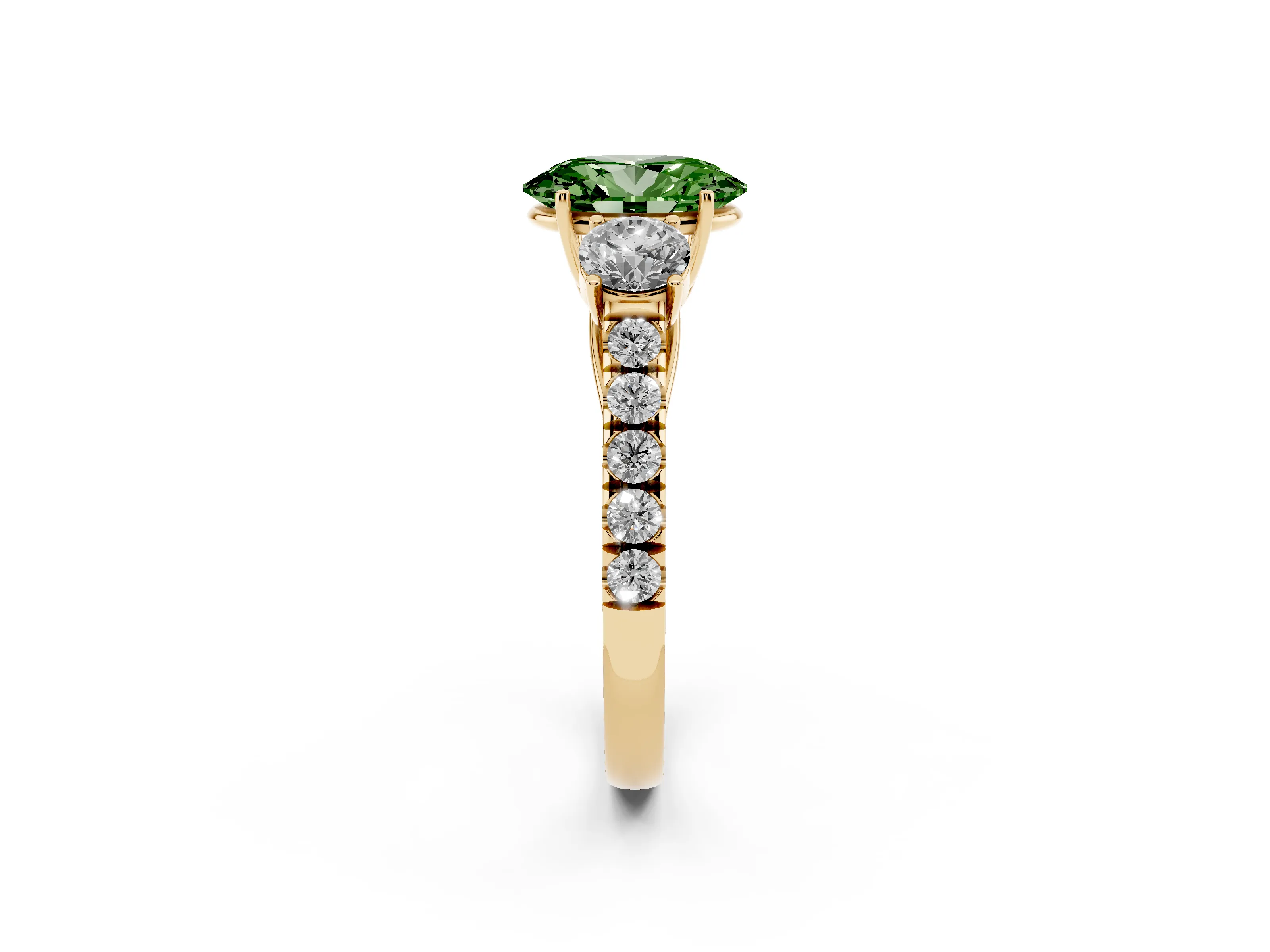 Fancy Green Oval Cut Diamond Three-Stone Ring Set in Yellow gold with Round Side Stones and Delicate Pavé Band