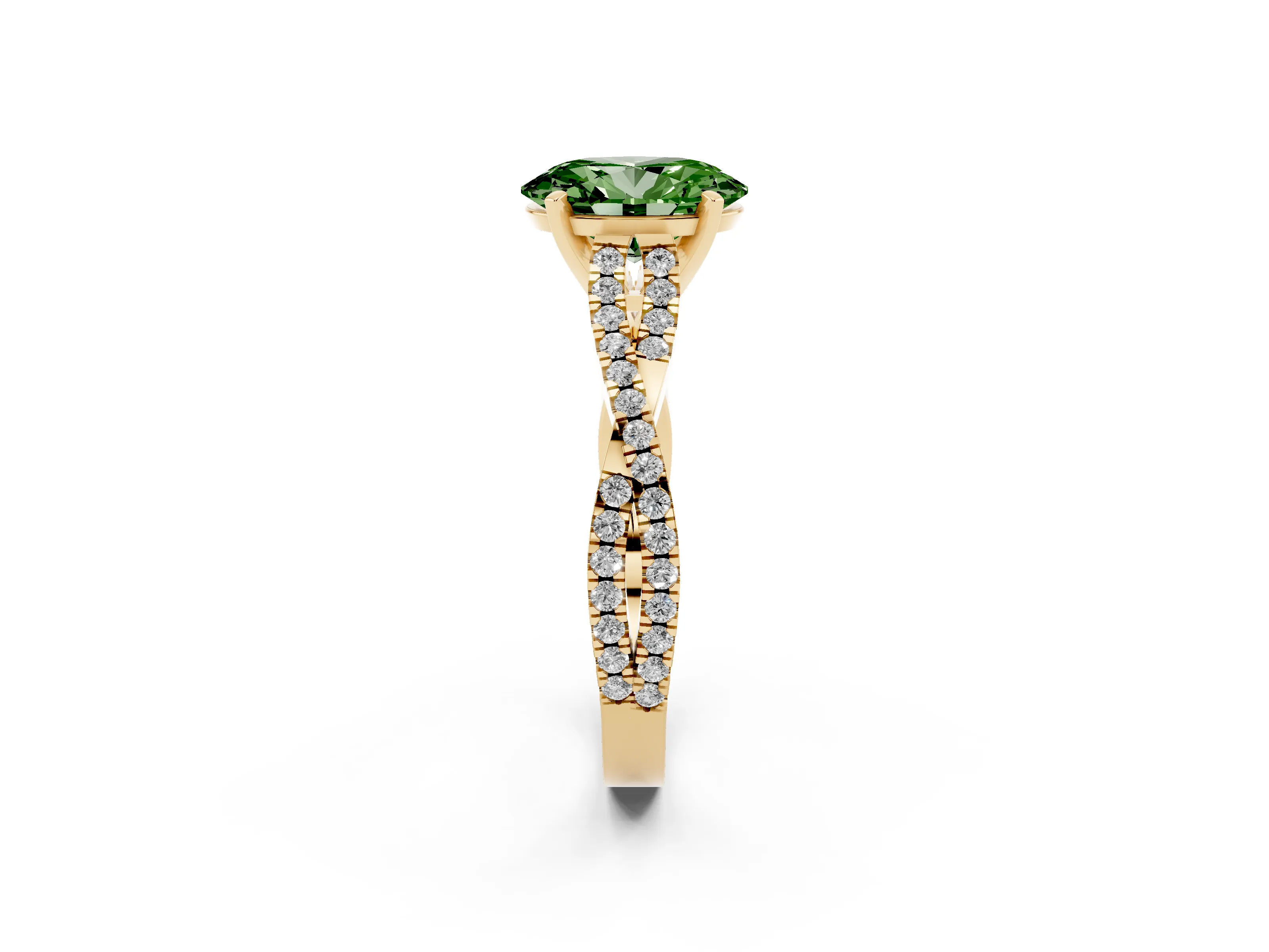 Fancy Green Oval Cut Diamond Solitaire Engagement Ring Set in Yellow gold with Twisted Pavé Band and Prong Setting