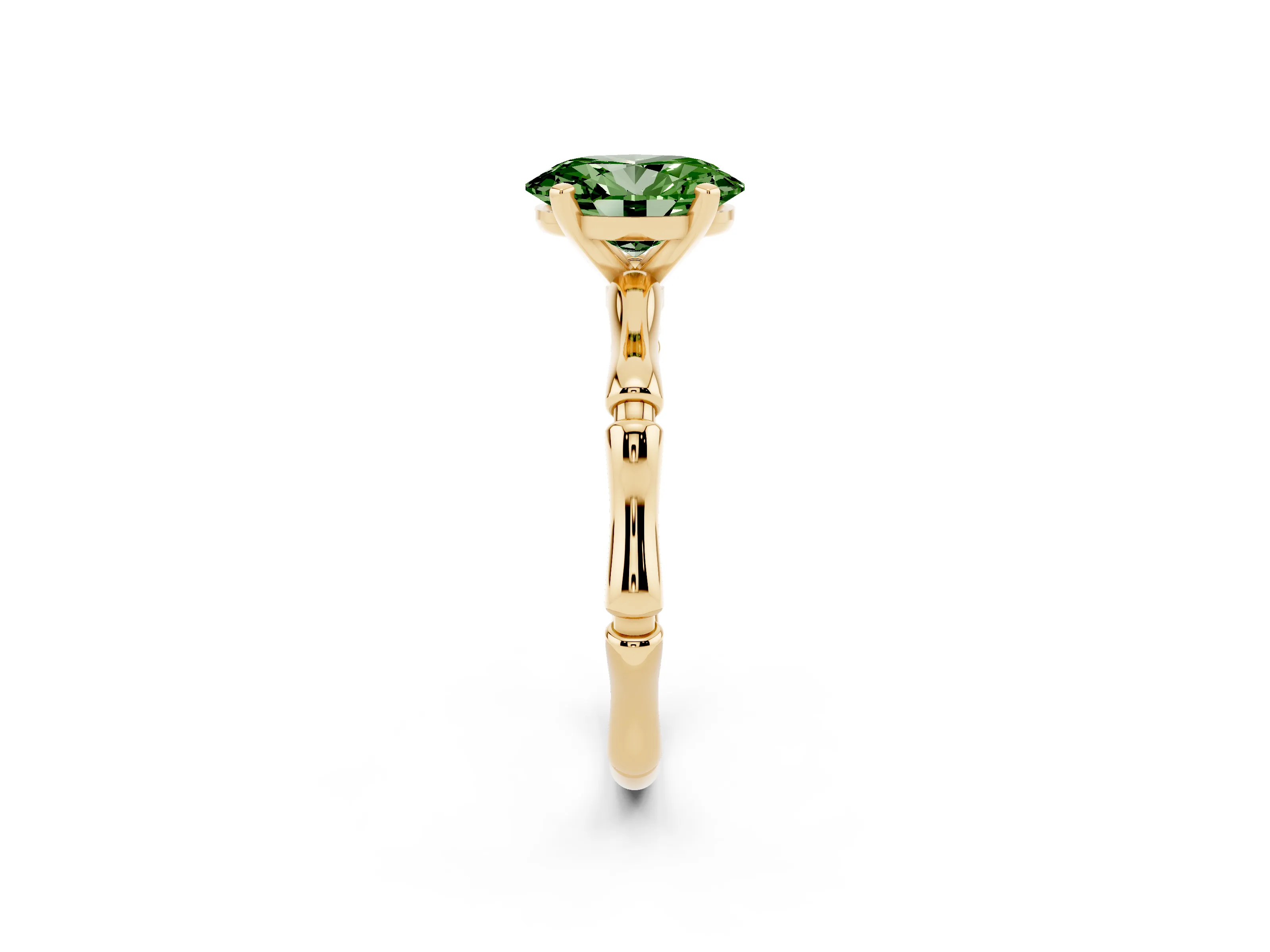 Fancy Green Oval Cut Diamond Solitaire Ring Set in Yellow gold with Bamboo Band and Prong Setting