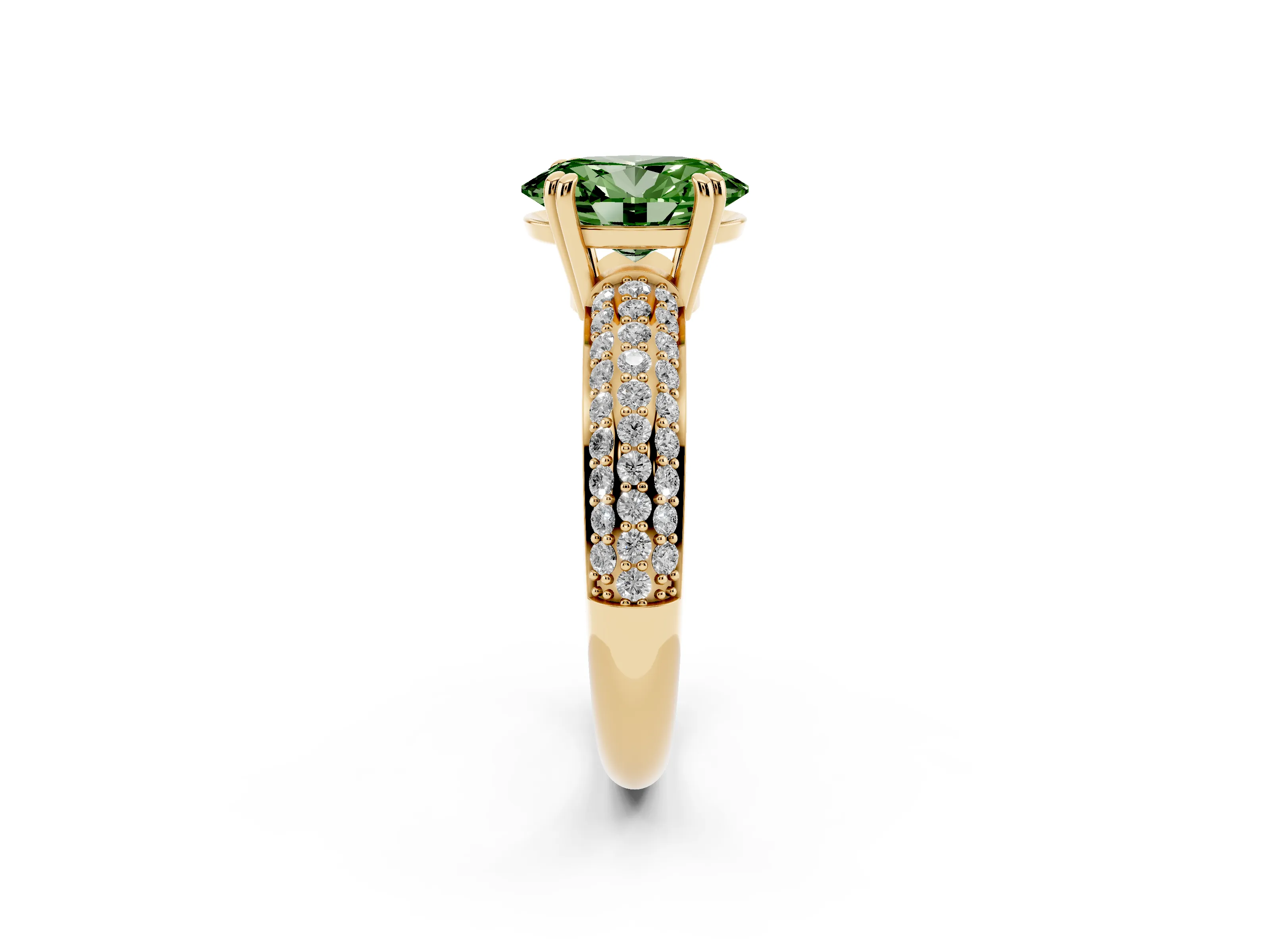 Fancy Green Oval Cut Diamond Solitaire Ring Set in Yellow gold with Multi-Row Round Pavé Band and Prong Setting