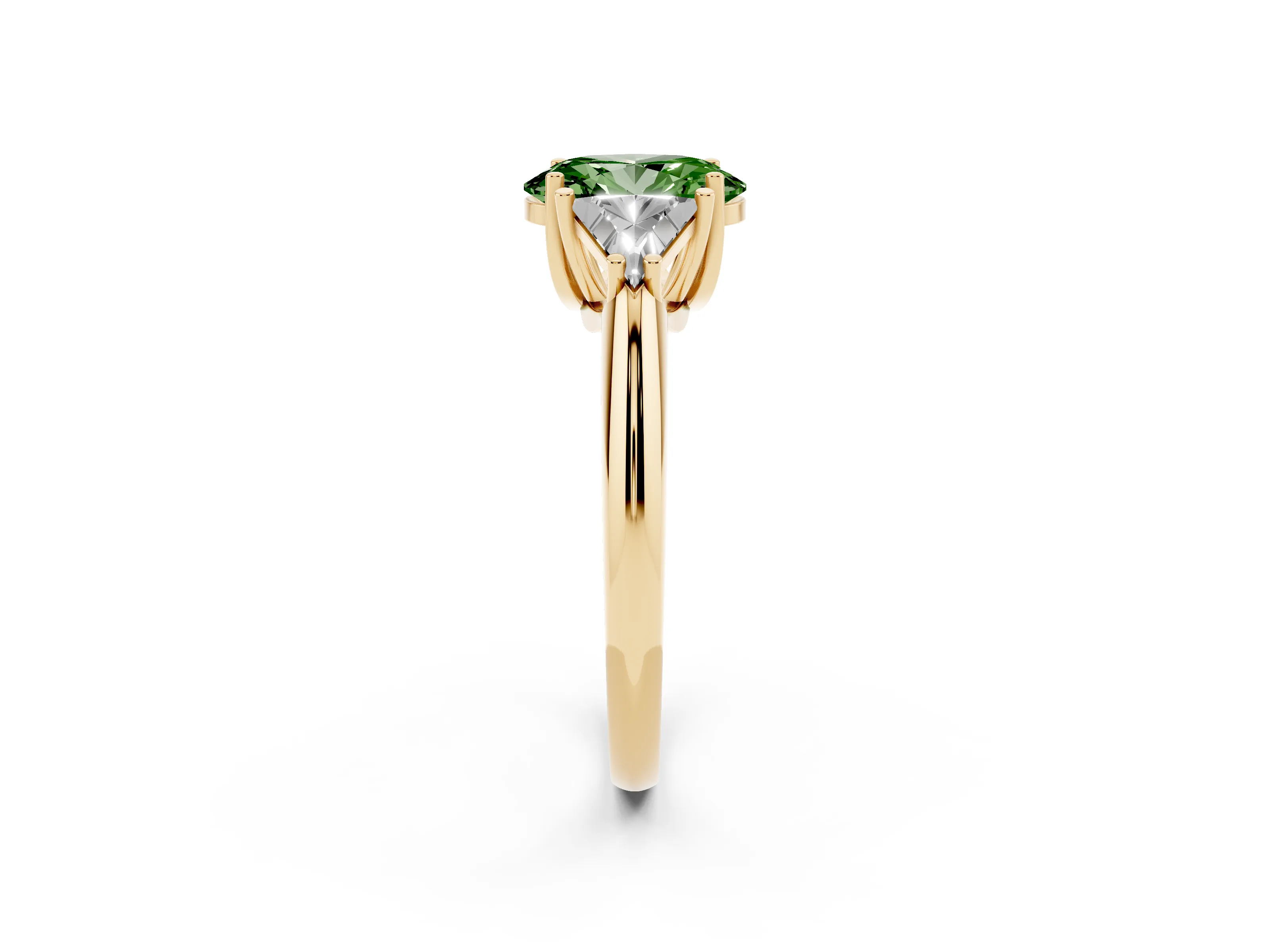 Fancy Green Oval Cut Diamond Three-Stone Engagement Ring Set in Yellow gold with Trillion Side Stones