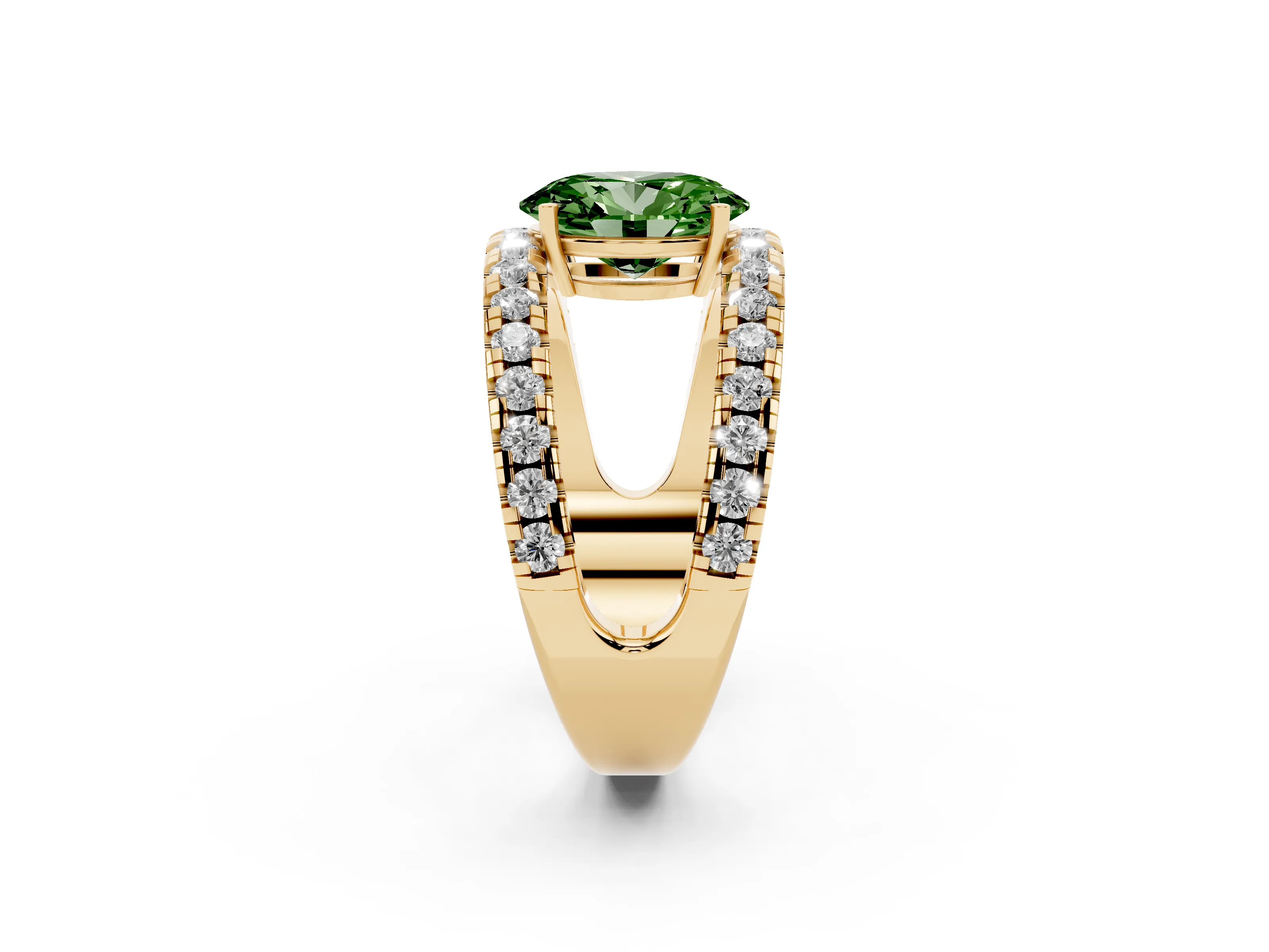 Fancy Green Oval Cut Diamond Split Shank Pavé Solitaire Ring Set in Yellow gold with Open Shank Design