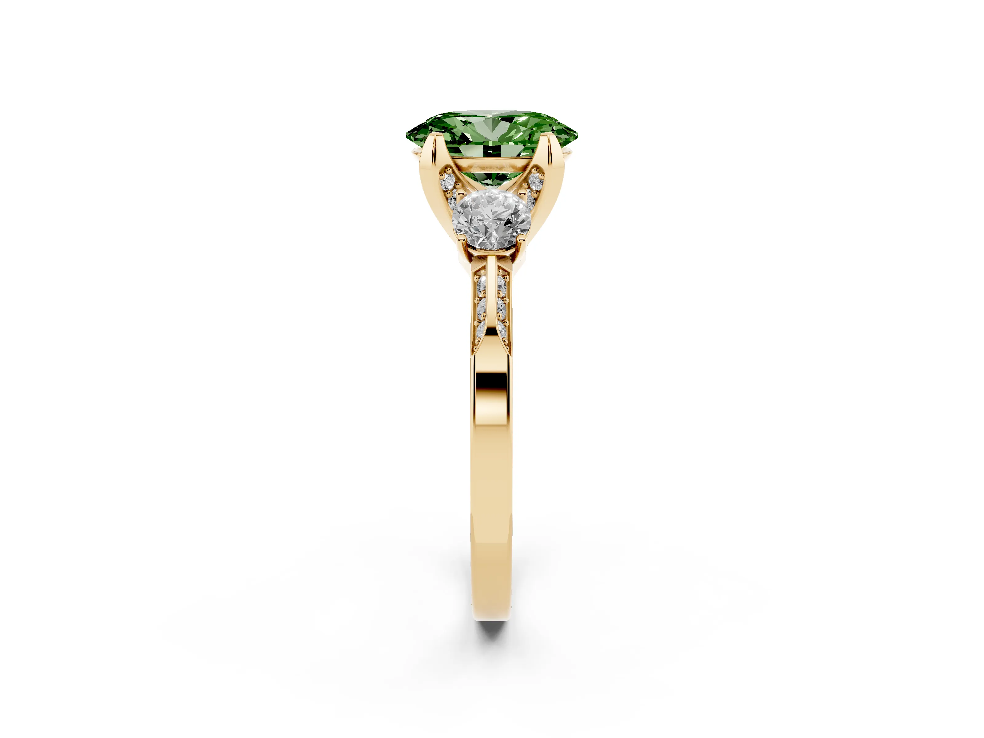 Fancy Green Oval Cut Diamond Three-Stone Ring Set in Yellow gold with Pavé Band and Smaller Side Stones