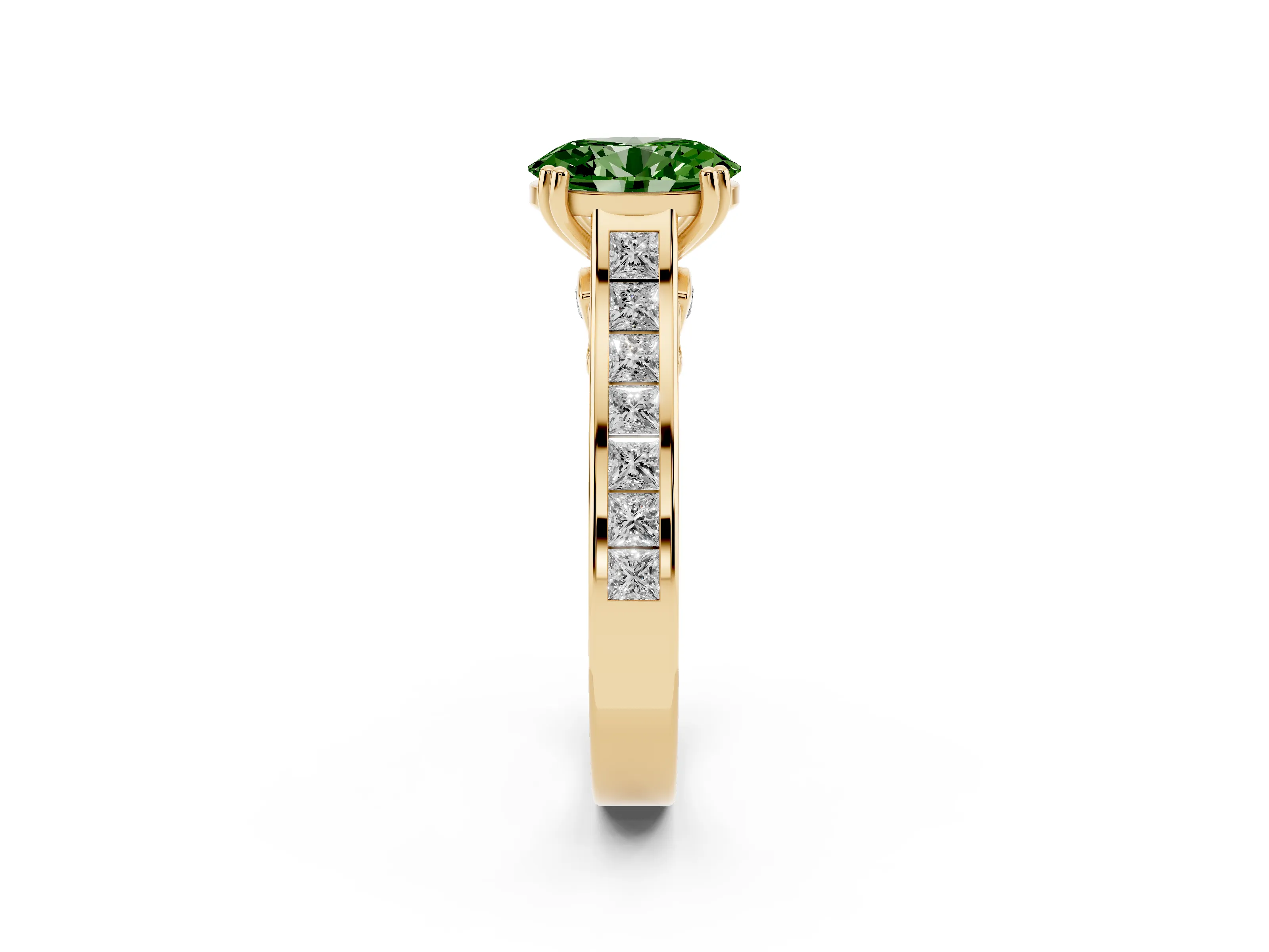 Fancy Green Oval Cut Diamond Channel Set Solitaire Engagement Ring Set in Yellow gold with Prong Setting