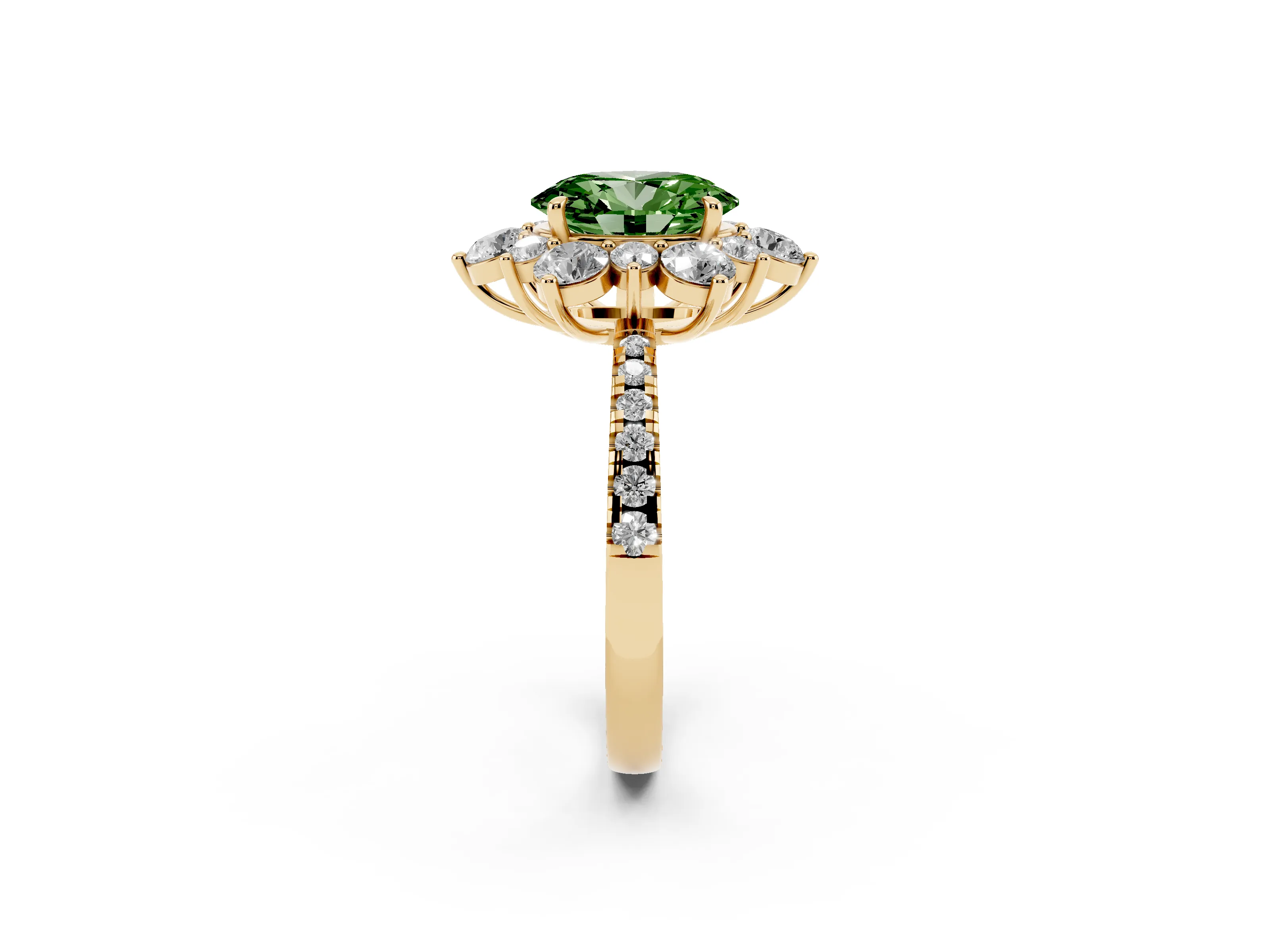 Fancy Green Oval Cut Diamond Floral Halo Ring Set in Yellow gold with Round Pavé Band and Prong Setting