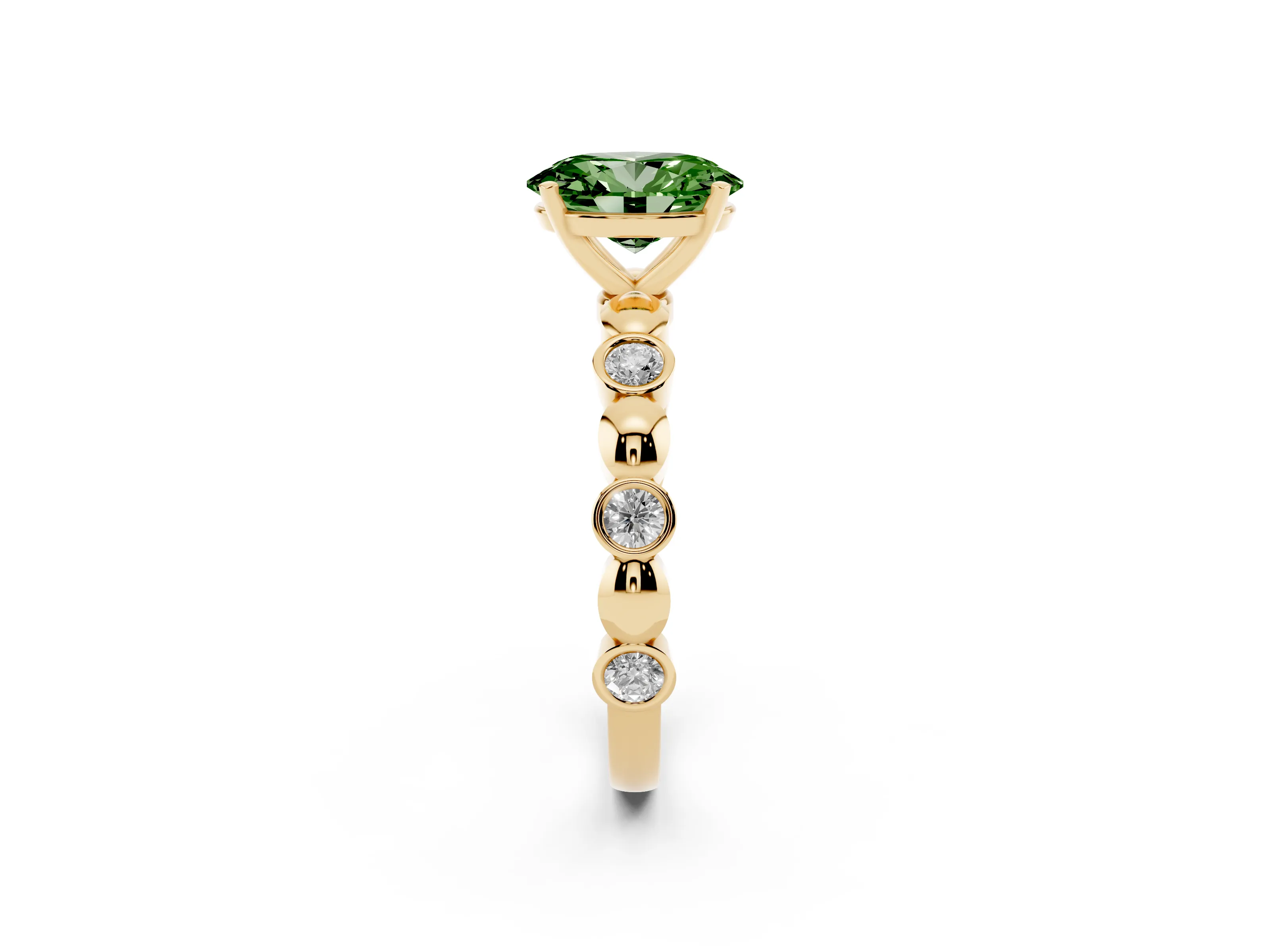 Fancy Green Oval Cut Diamond Solitaire Ring Set in Yellow gold with Bezel-Set Accents on Beaded Band and Prong Setting