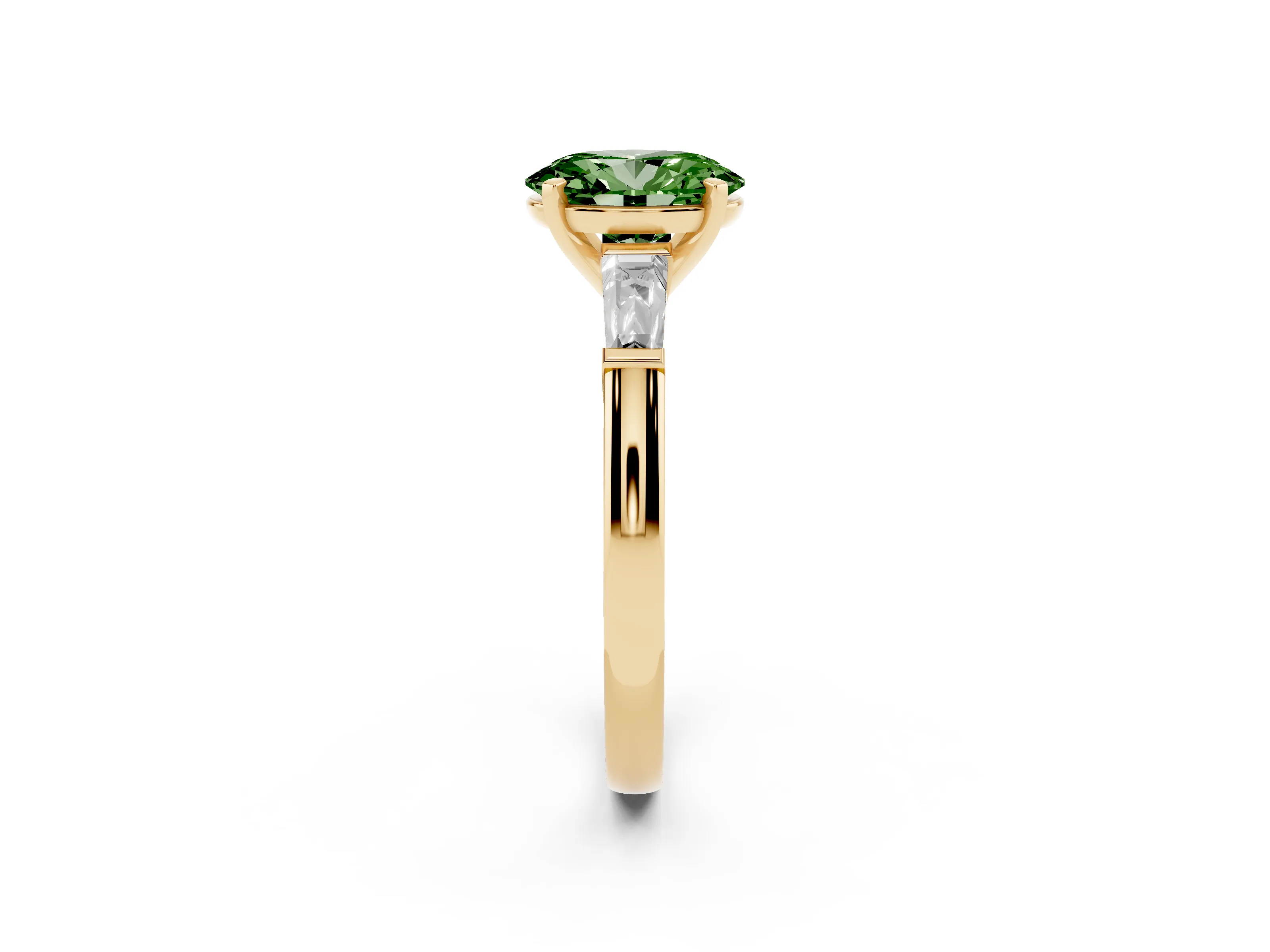 Fancy Green Oval Cut Diamond Solitaire Ring Set in Yellow gold with Tapered Baguette Side Stones and Prong Setting