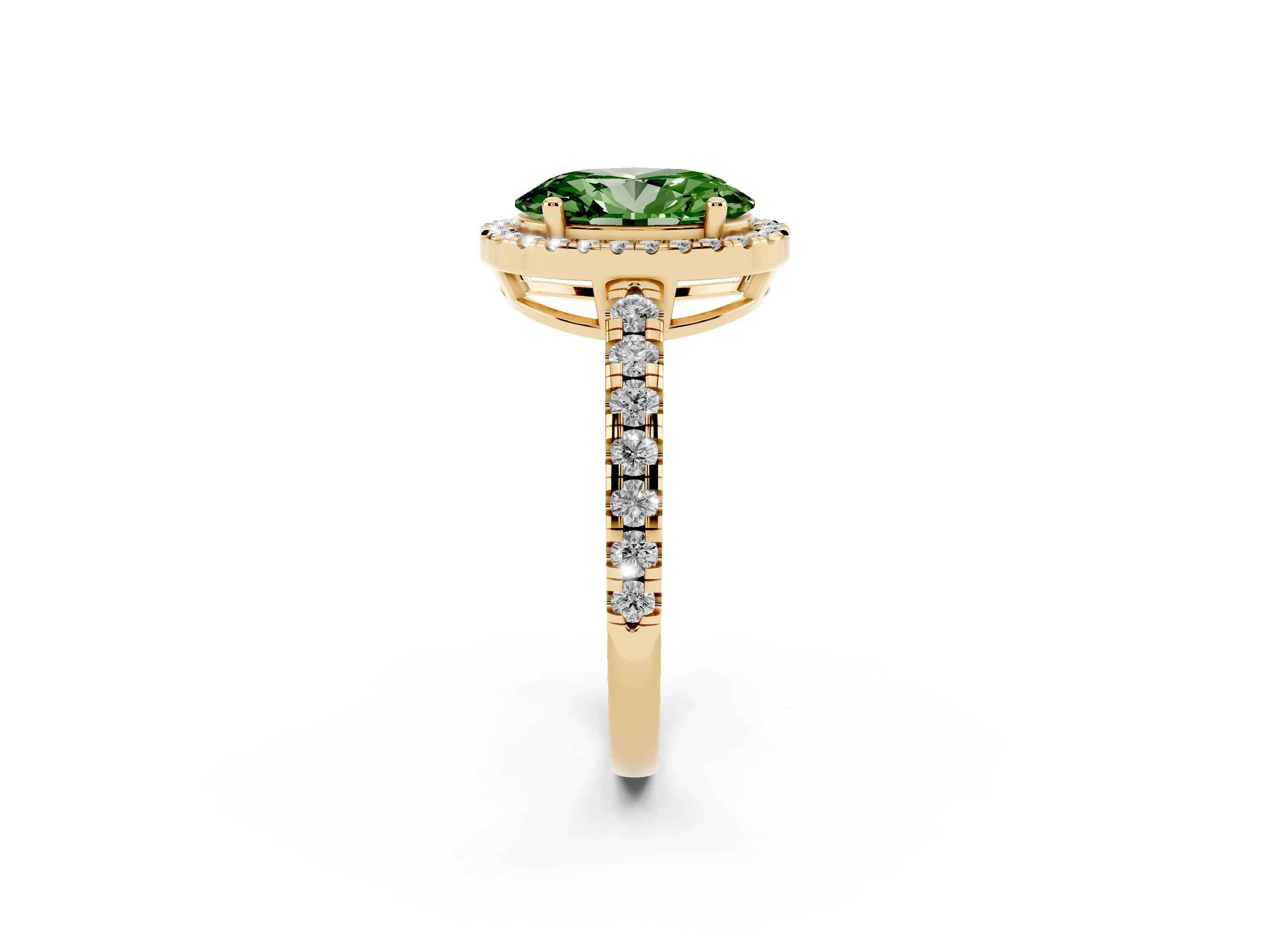 Fancy Green Oval Cut Diamond Halo Ring Set in Yellow gold with Delicate Pavé Band and Prong Setting