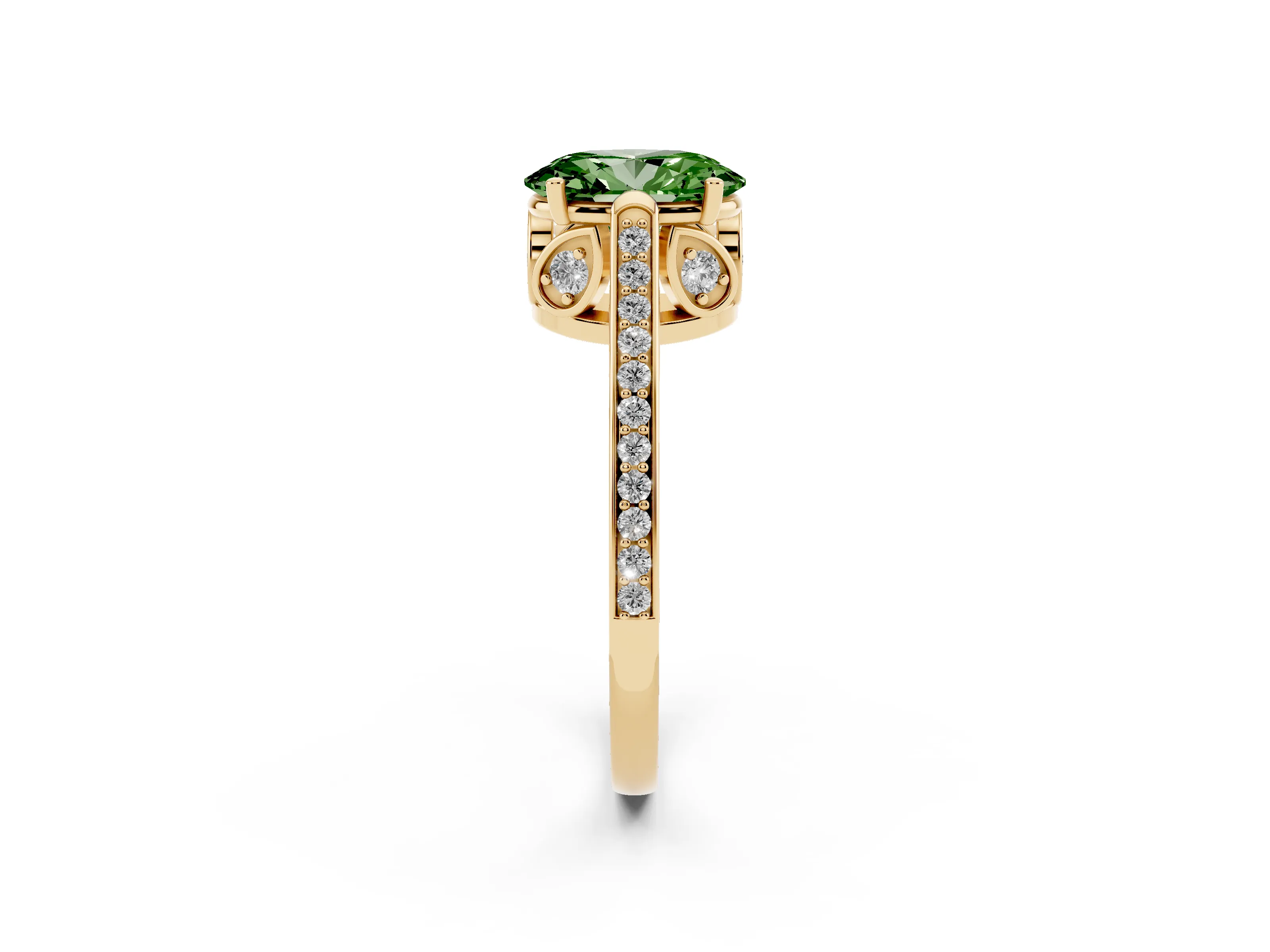 Fancy Green Oval Cut Diamond Cathedral Pavé Engagement Ring Set in Yellow gold with Prong Setting