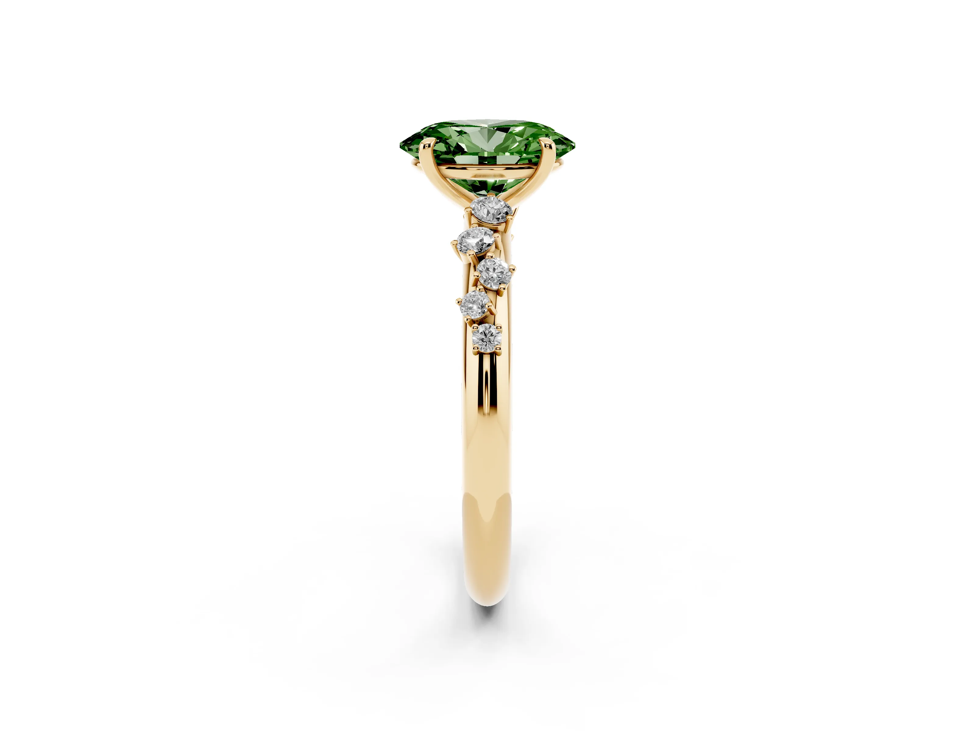 Fancy Green Oval Cut Diamond Cluster Solitaire Ring Set in Yellow gold with Prong Setting