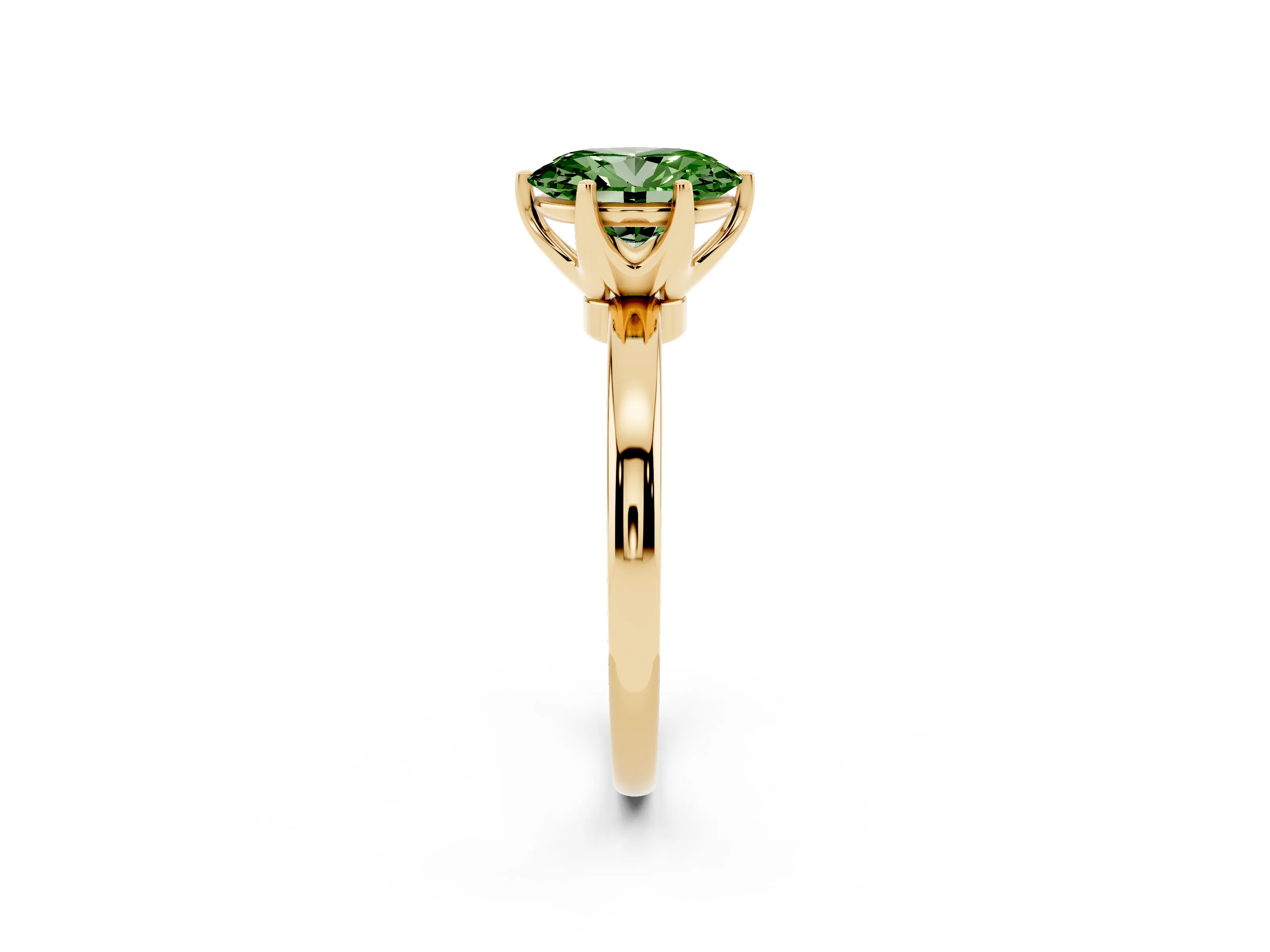 Fancy Green Oval Cut Diamond Solitaire Ring Set in Yellow gold with Raised Prong Setting on a Classic Band