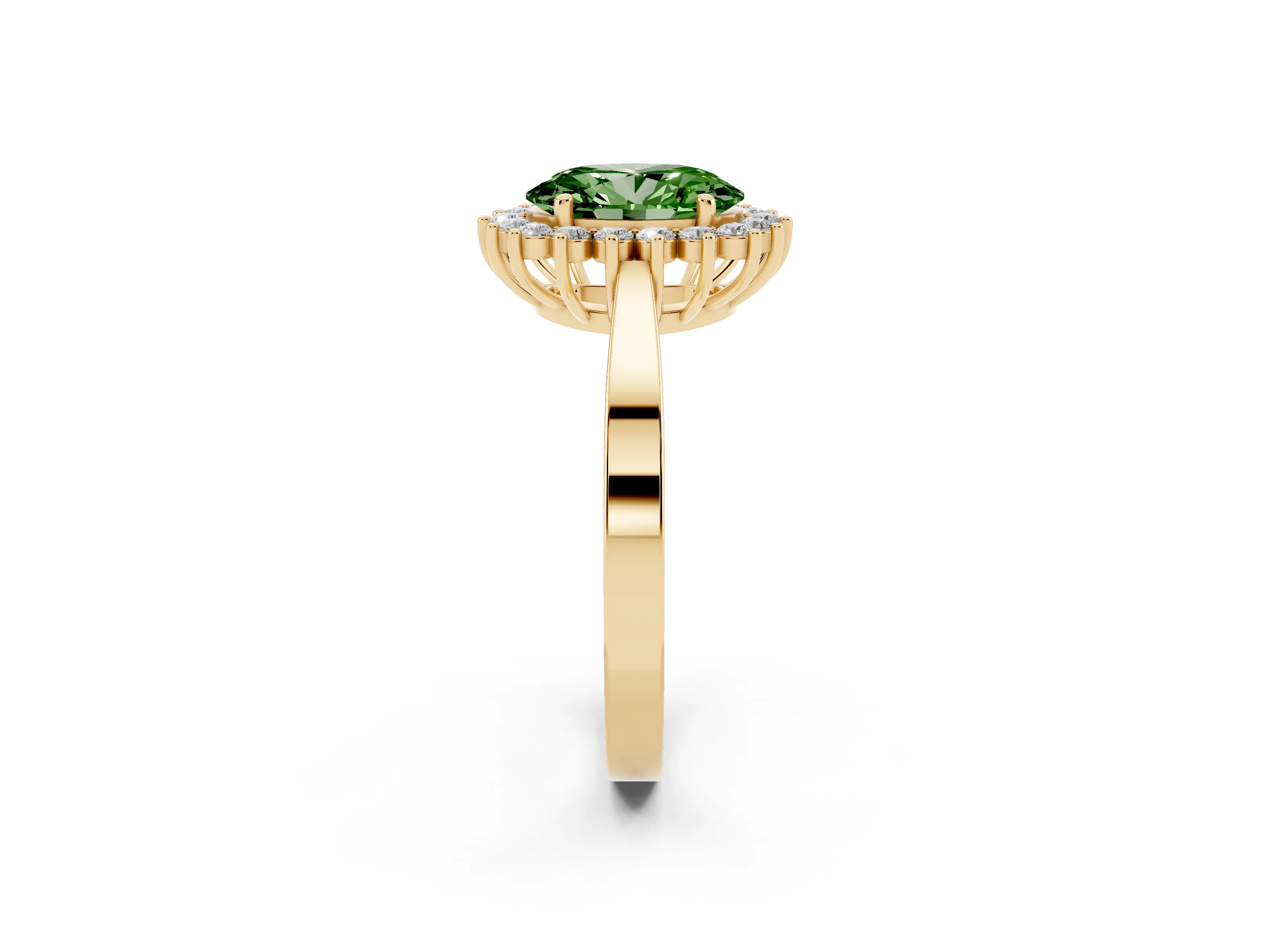 Fancy Green Oval Cut Diamond Halo Ring Set in Yellow gold with Round Halo and Smooth Solitaire Band