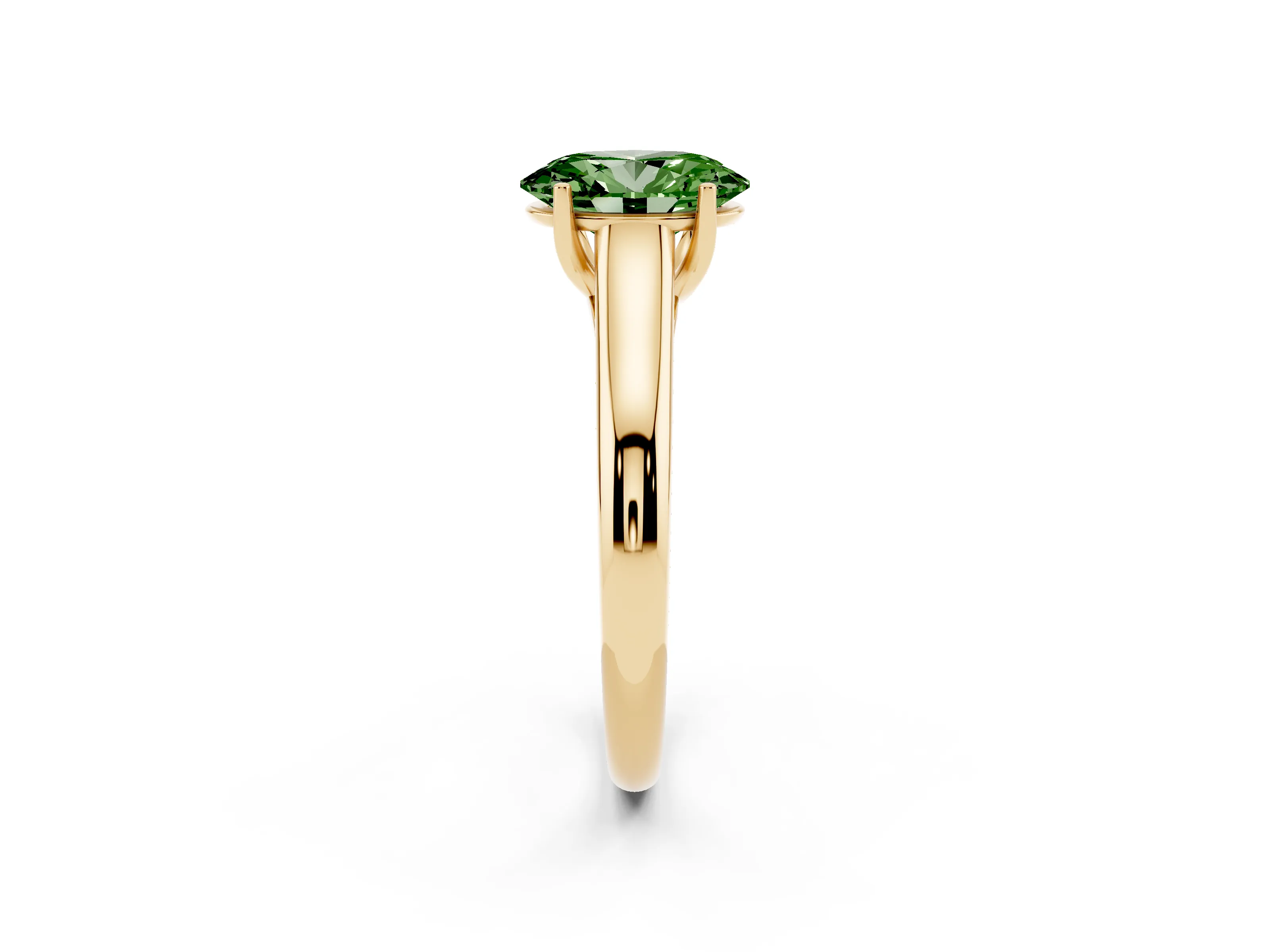 Fancy Green Oval Cut Diamond Solitaire Engagement Ring Set in Yellow gold with Subtly Tapered Band and Prong Setting