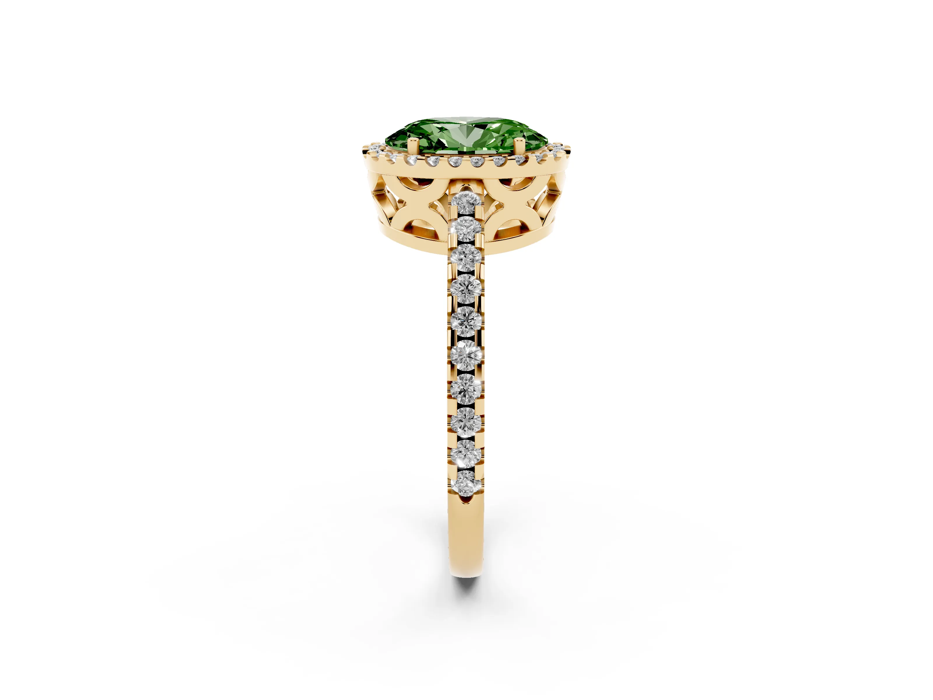 Fancy Green Oval Cut Diamond Halo Ring Set in Yellow gold with Pavé Shoulders and Halo-Framed Center