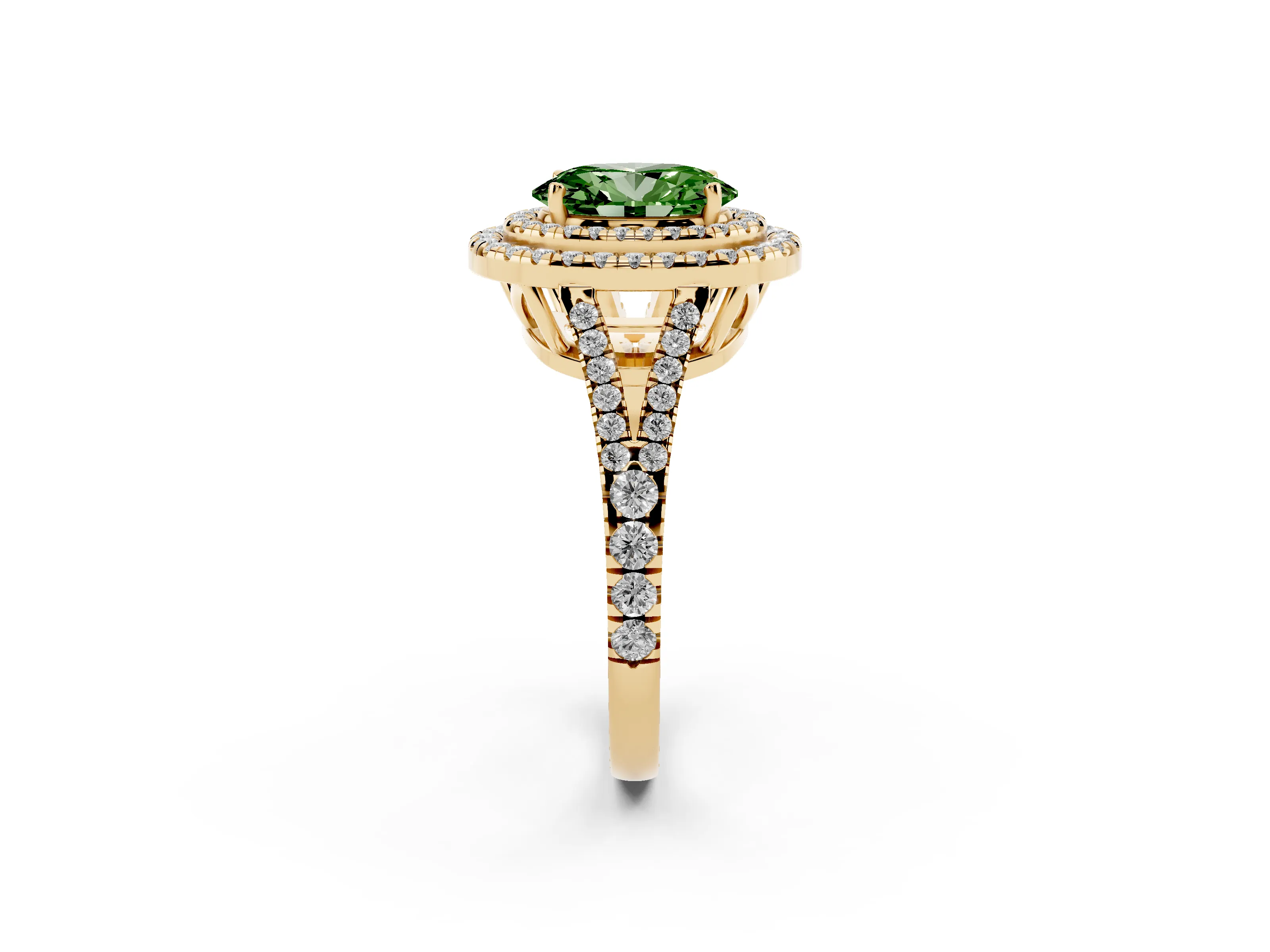 Fancy Green Oval Cut Diamond Double Halo Ring Set in Yellow gold with Pavé Band